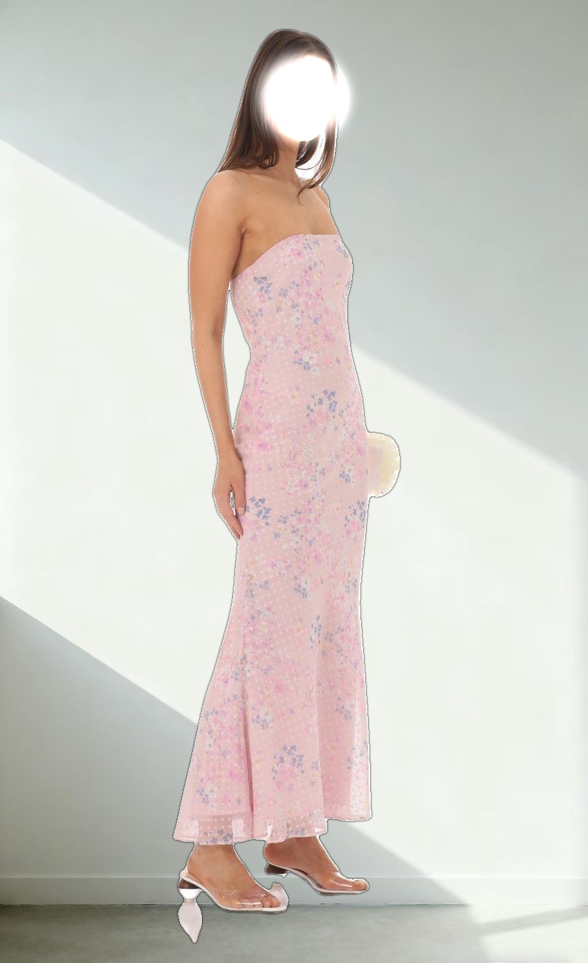 Dotted Floral Strapless Maxi Dress in Pink