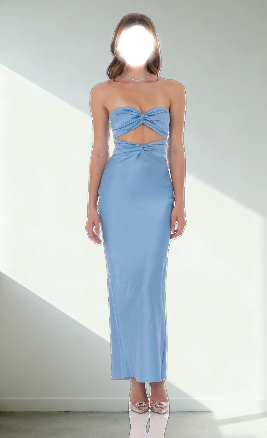 Satin Twist Cutout Maxi Dress in Light Blue