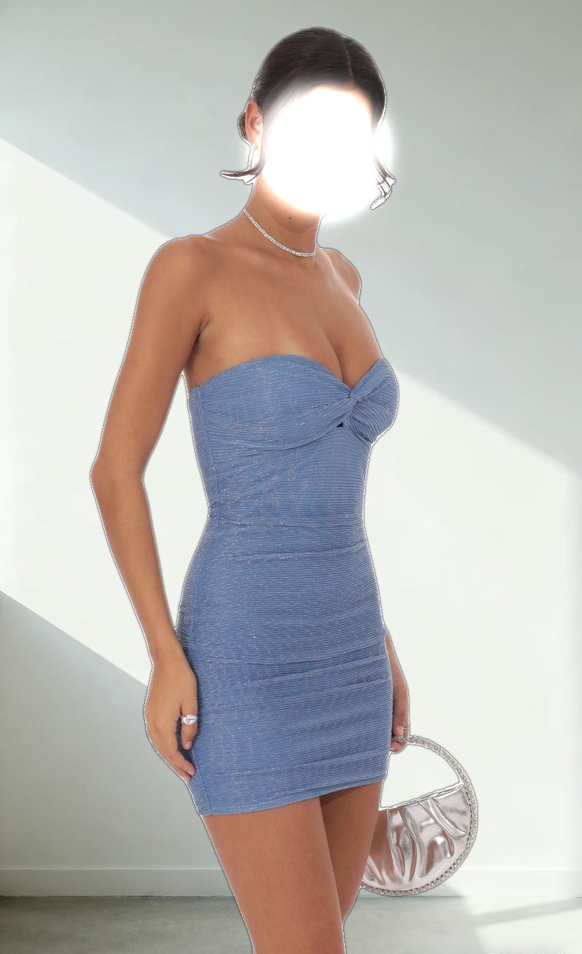 Pleated Shimmer Ruched Strapless Dress in Blue