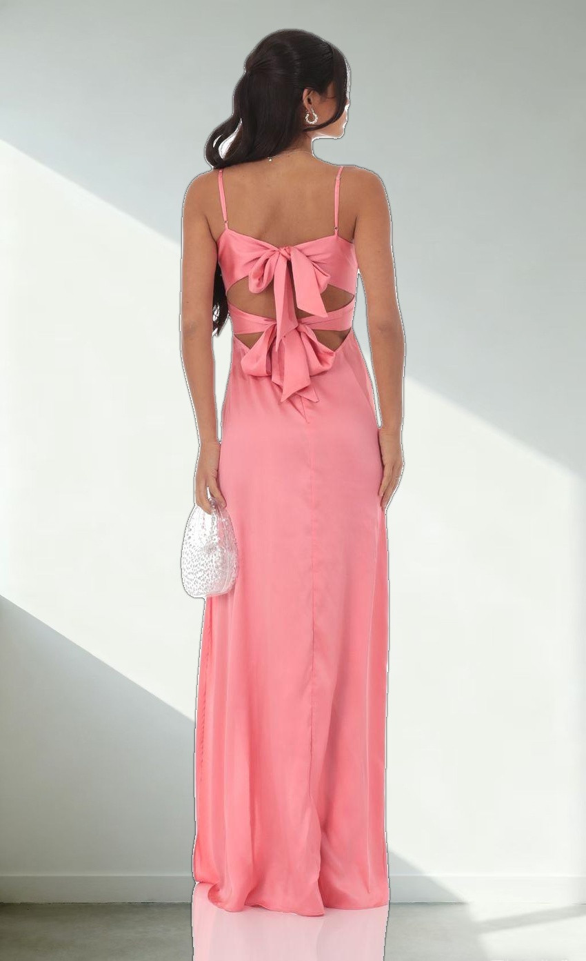 Satin Front Twist Strappy Maxi Dress in Coral