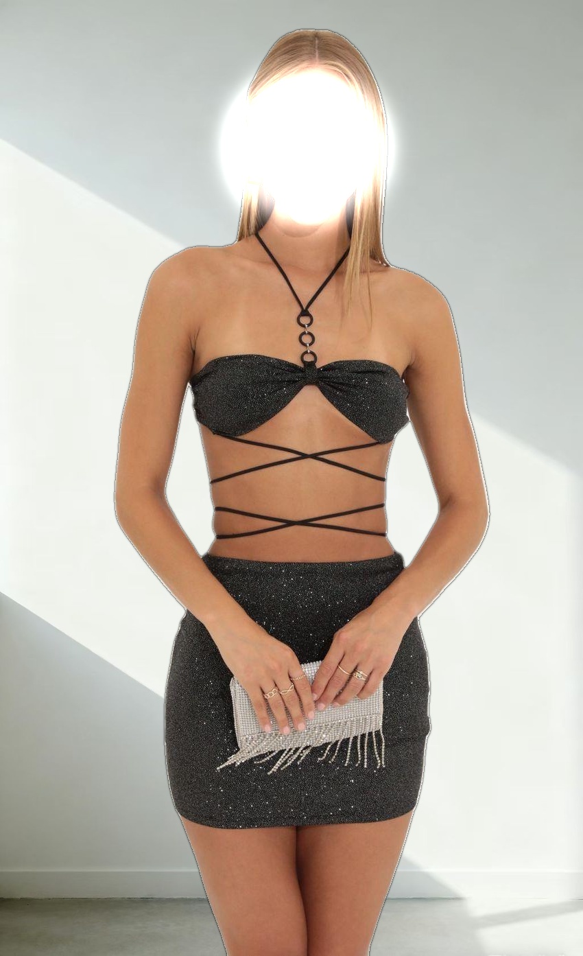 Glitter Two Piece Skirt Set in Black