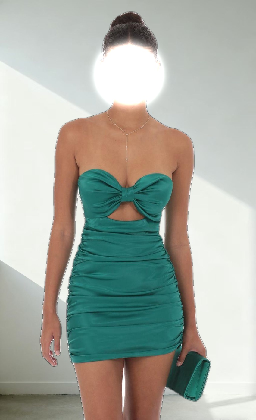 Satin Bow Ruched Strapless Dress in Green