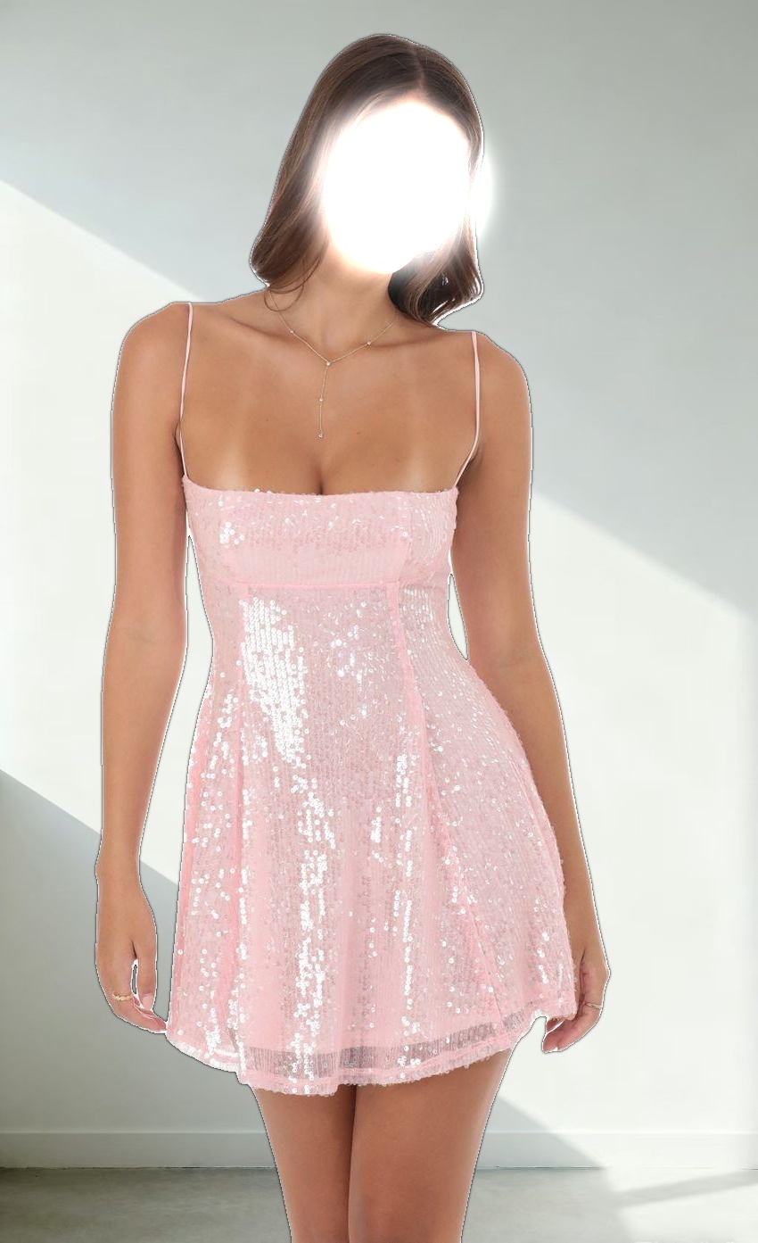 Iridescent Sequin Fit and Flare Dress in Pink
