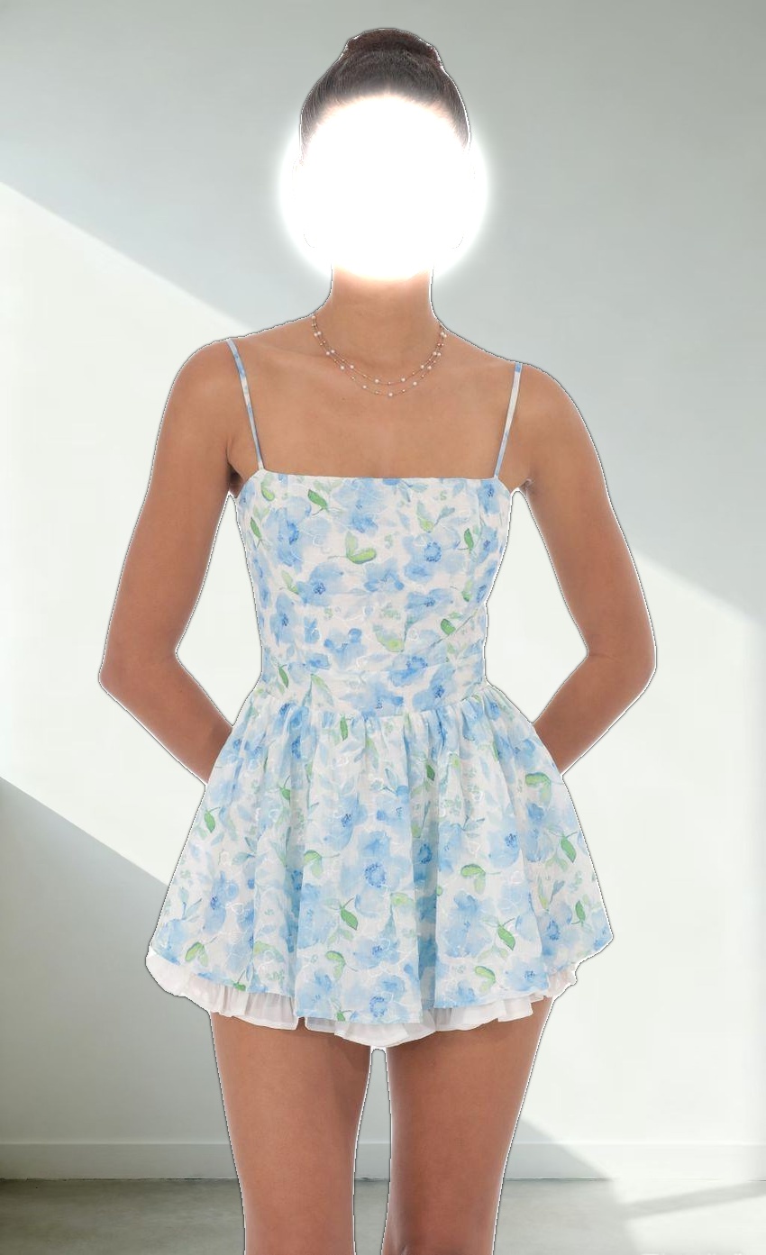 Blue Floral Ruffle Romper in White