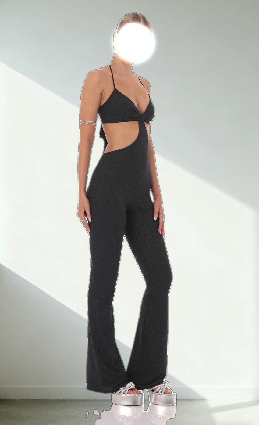 Shimmer Ribbed Cutout Jumpsuit in Black