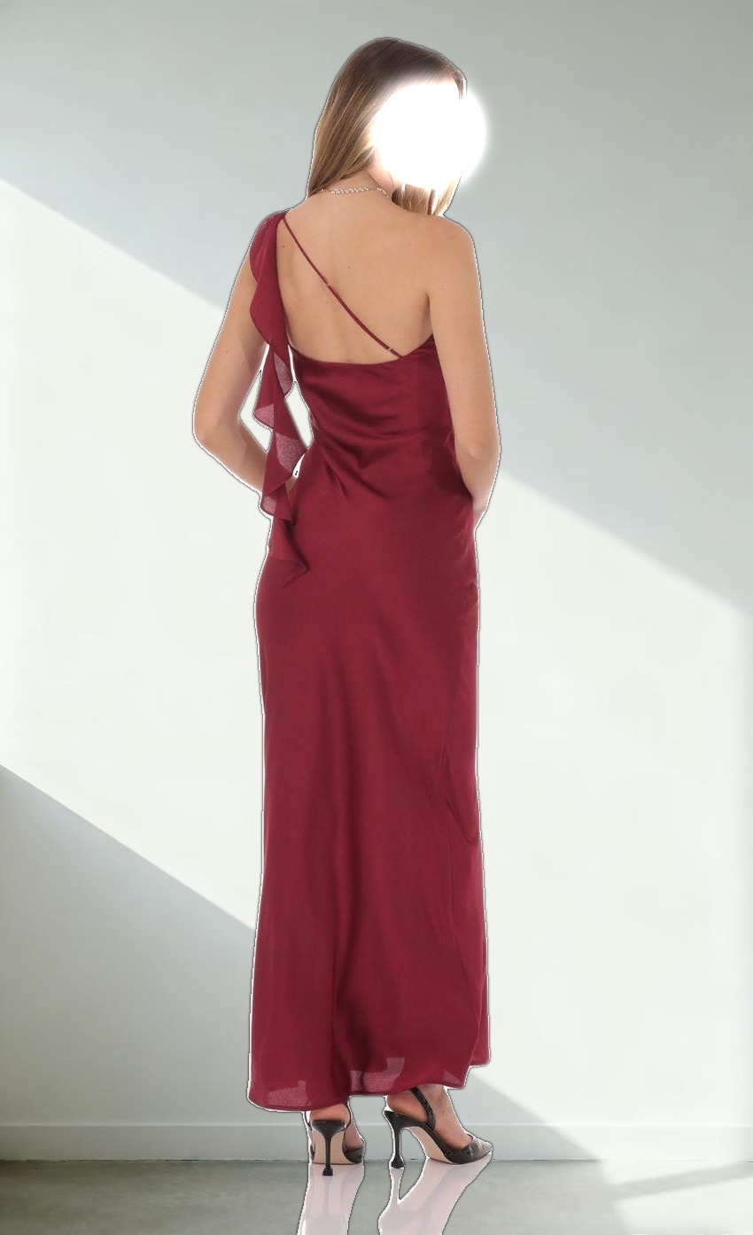 Satin One Shoulder Tassel Maxi Dress in Wine