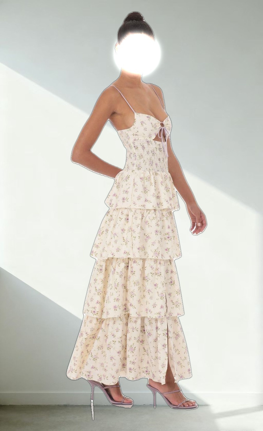 Floral Cutout Ruffle Maxi Dress in Cream