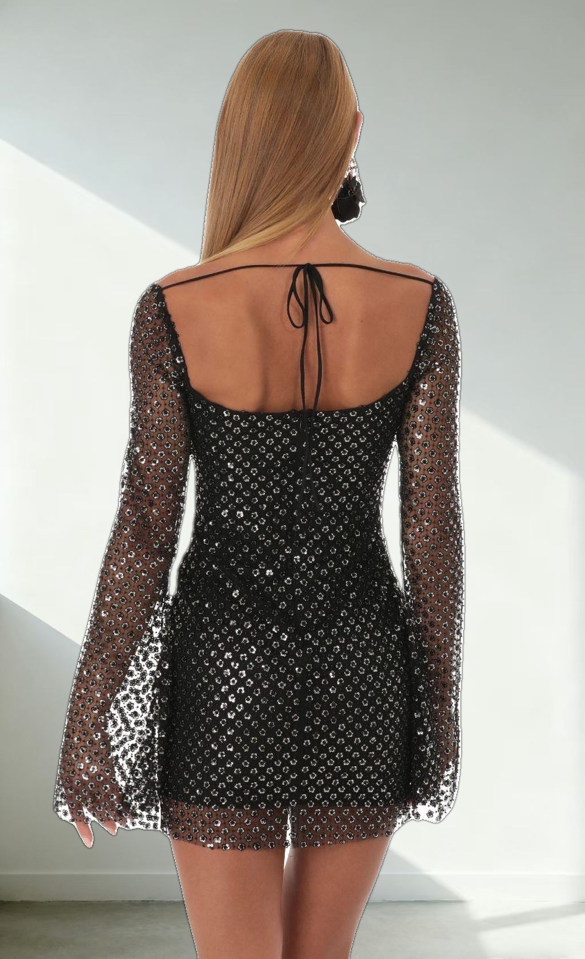 Sequin Floral Bell Sleeve Dress in Black