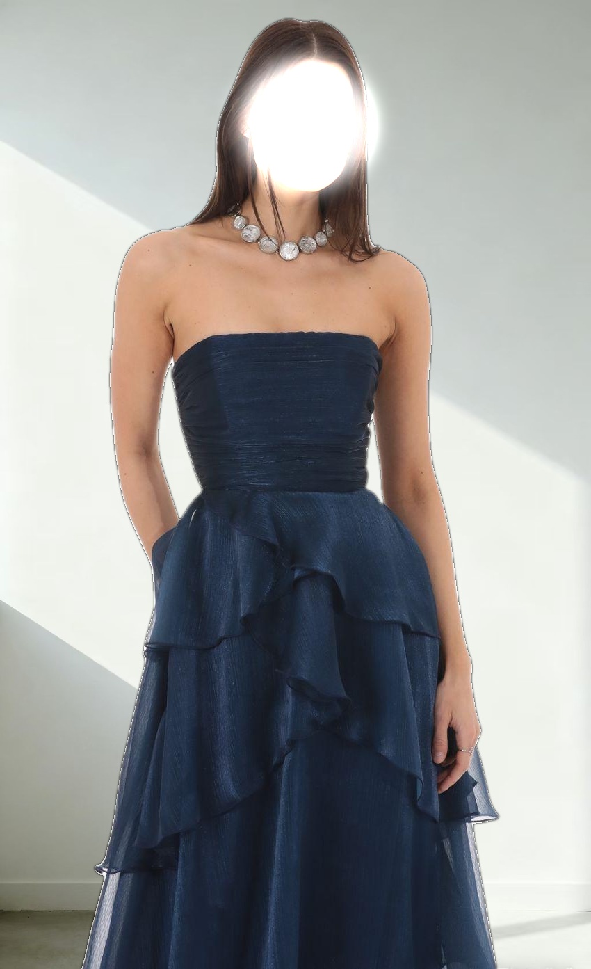 Corset Ruffle Strapless Maxi Dress in Navy