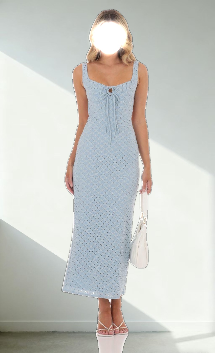 Eyelet Double Ties Maxi Dress in Blue