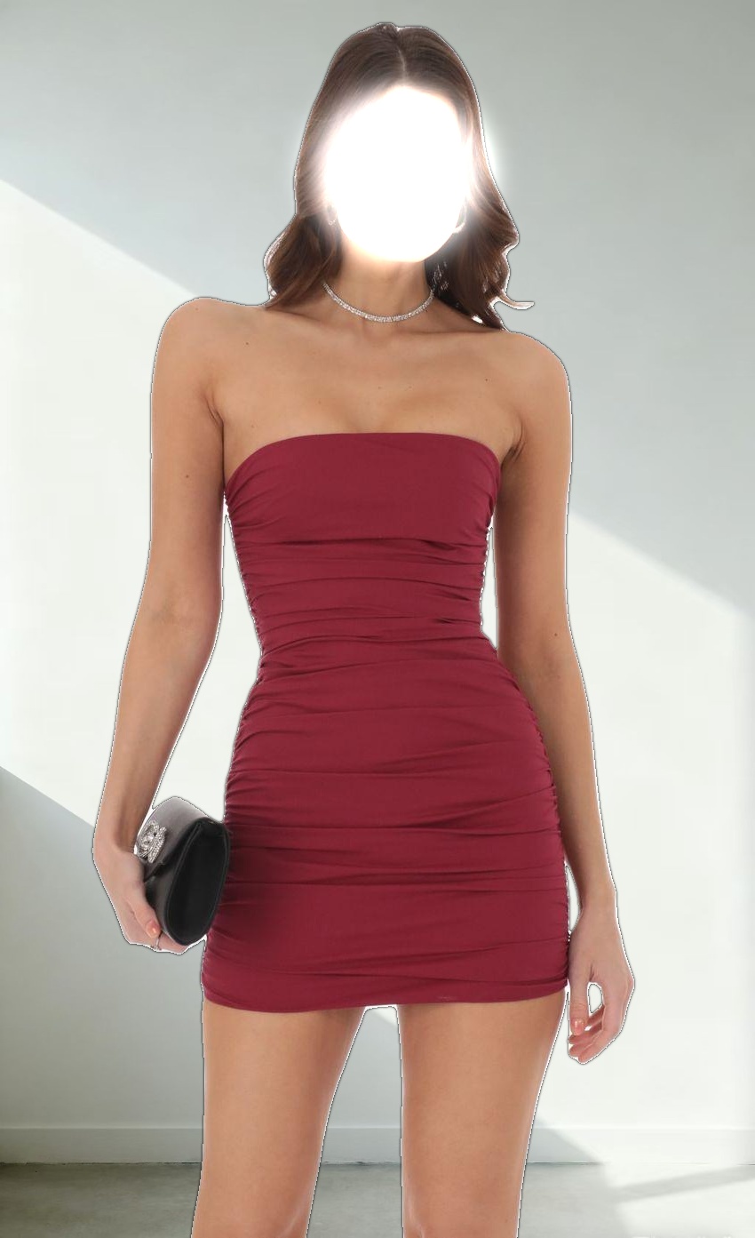 Strapless Ruched Bodycon Dress in Maroon