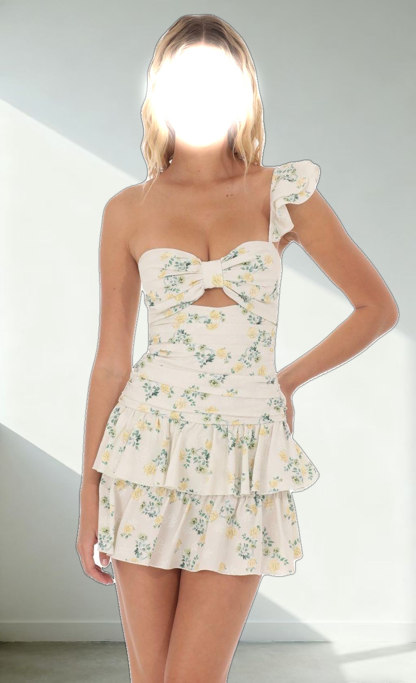 Floral One Shoulder Cutout Dress in Off White