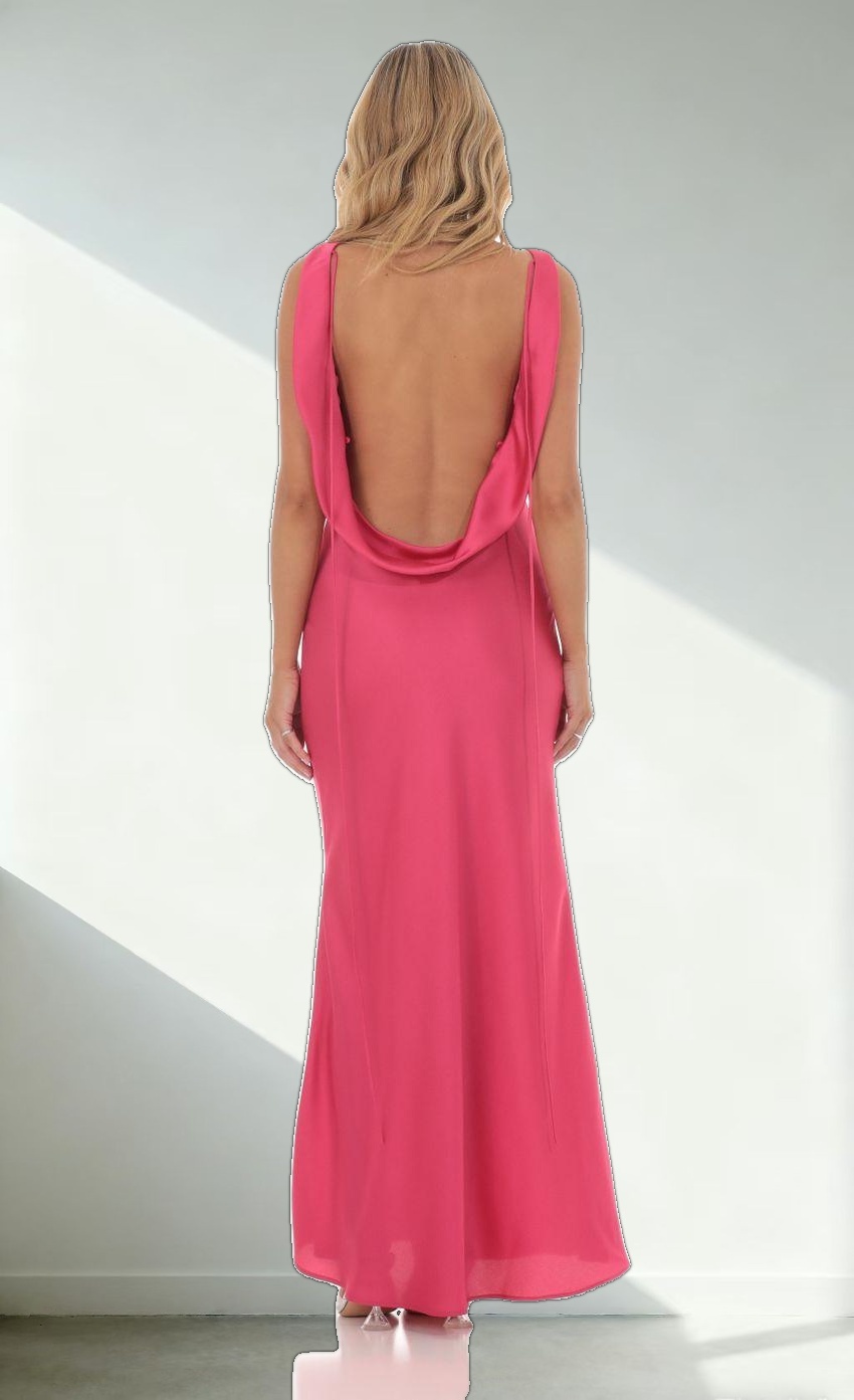 Satin High Neck Open Back Maxi Dress in Magenta