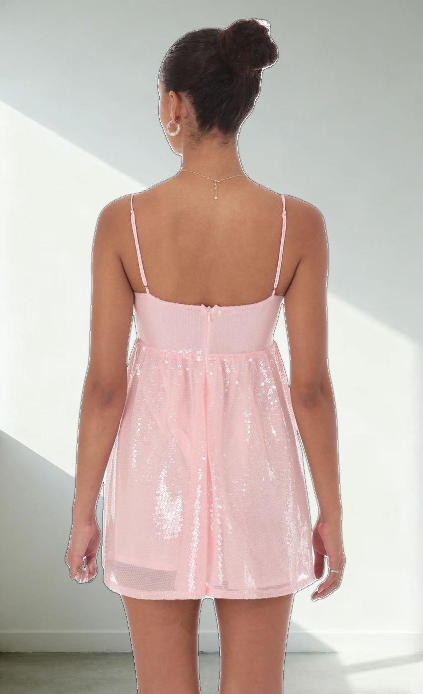 Sequin Front Bow Babydoll Dress in Pink