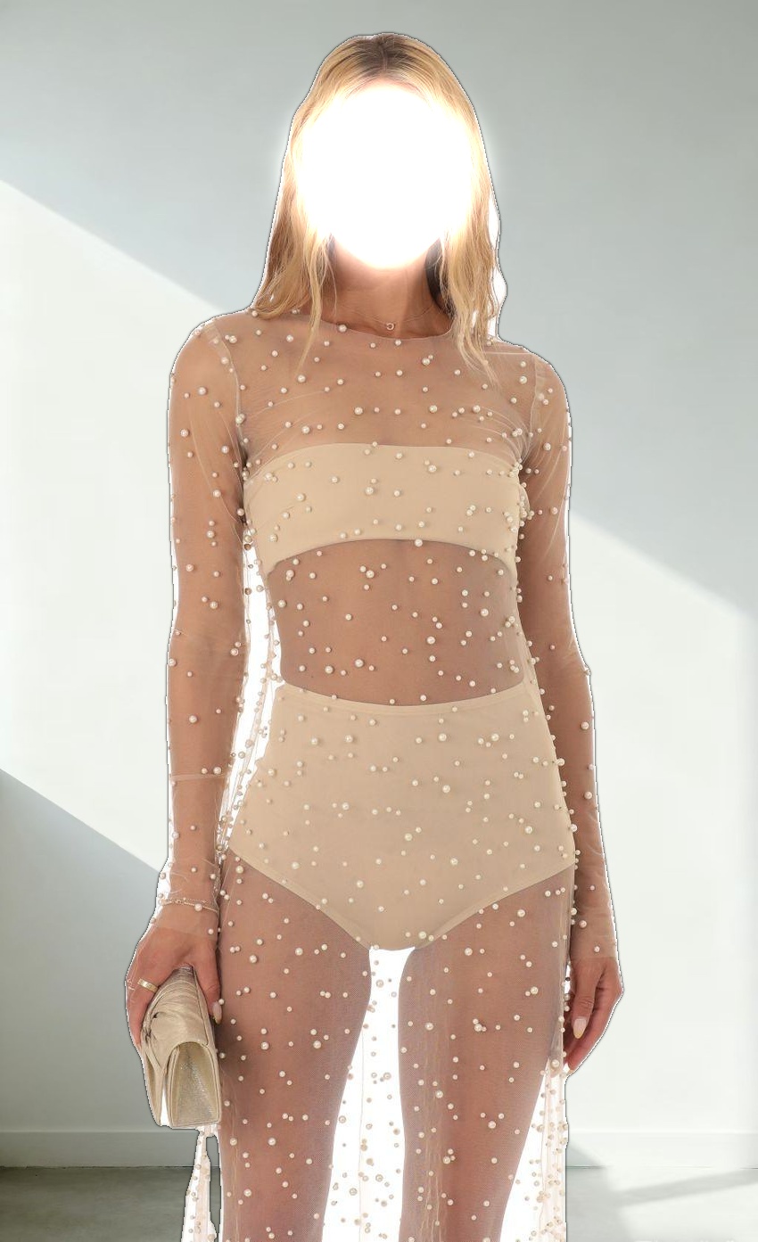 Pearl Mesh Dress in Beige