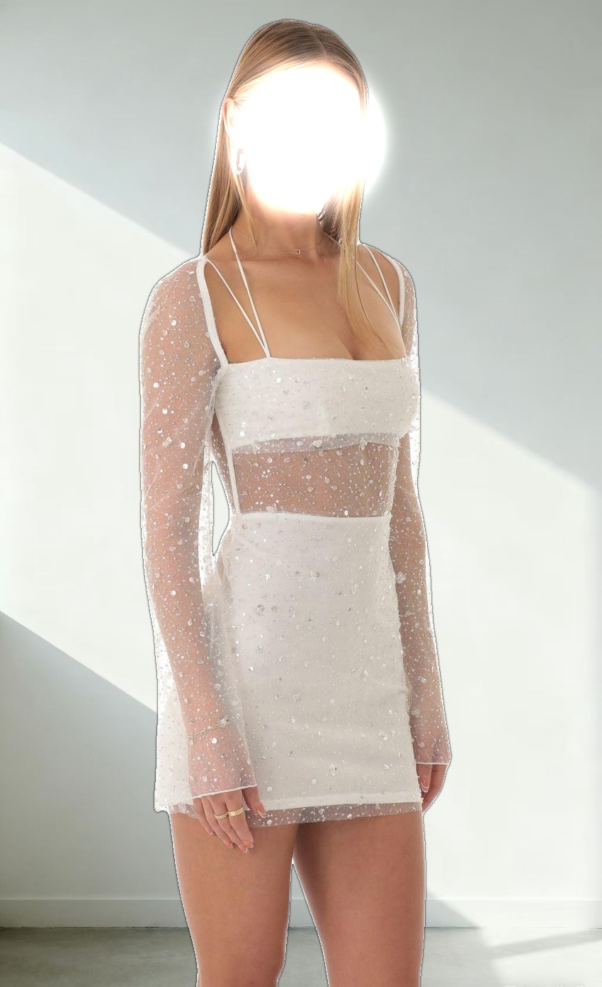 Sequin Long Sleeve Dress in White