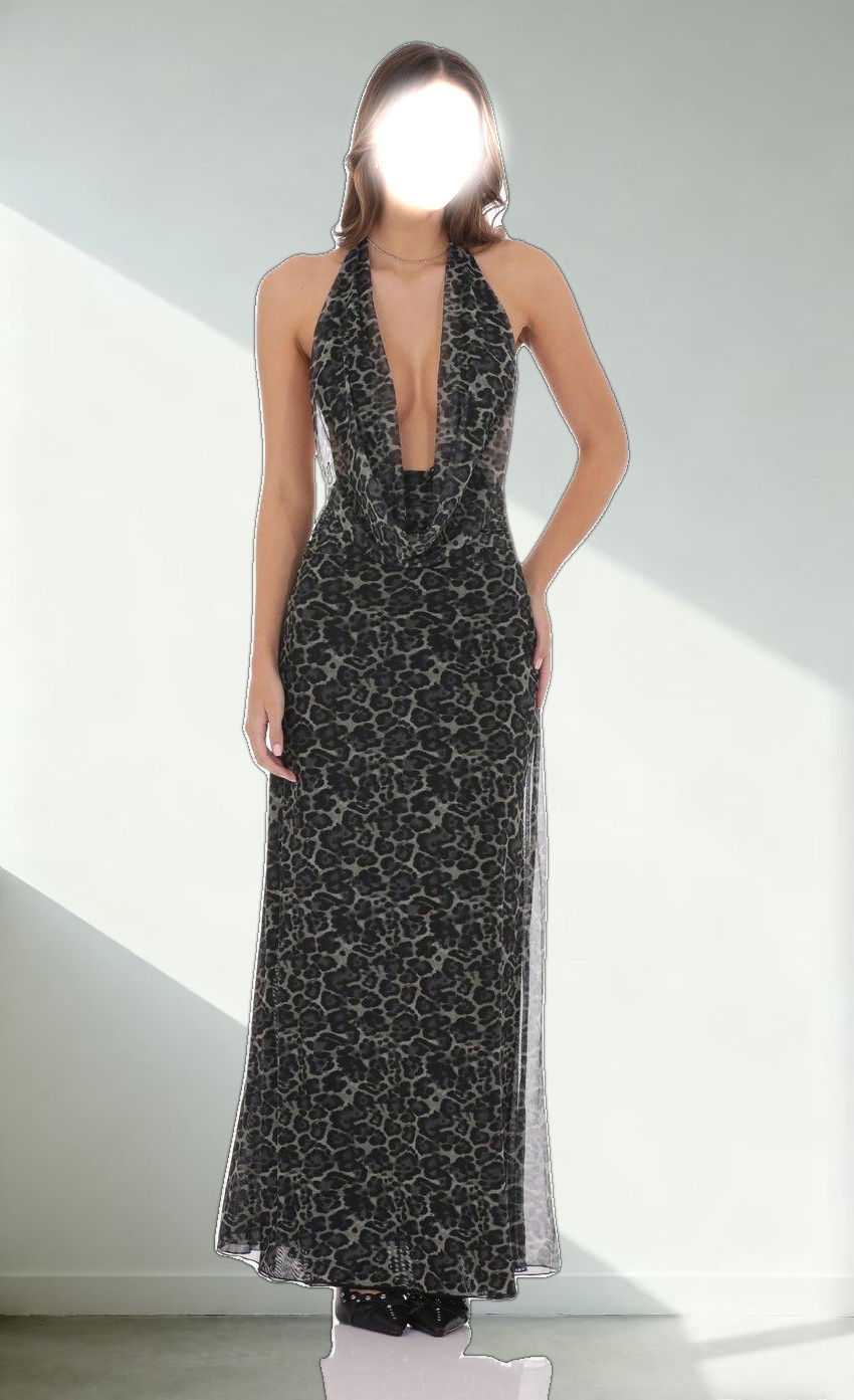 Plunge Cowl Neck Maxi Dress in Cheetah Print