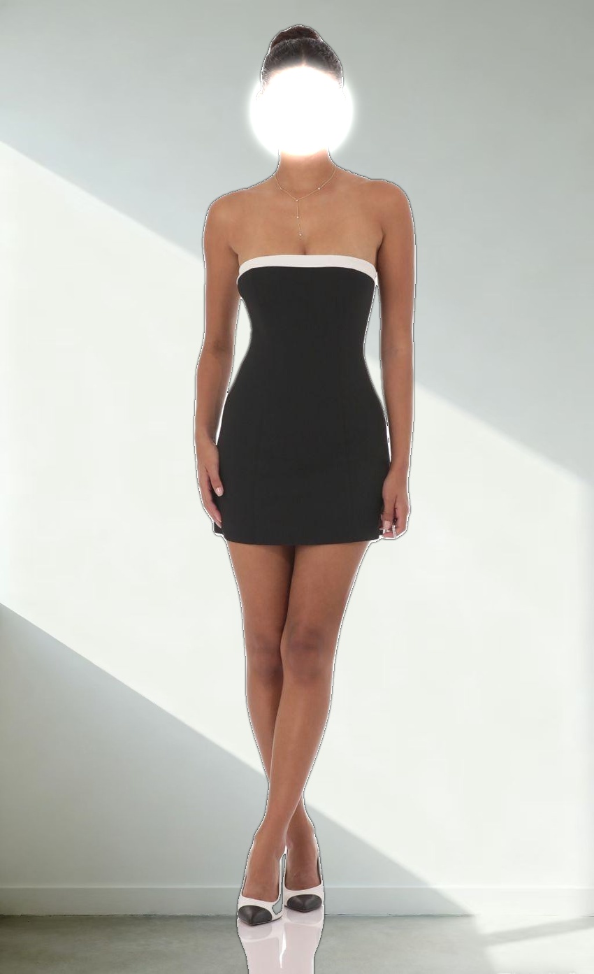 White Trim Strapless Dress in Black