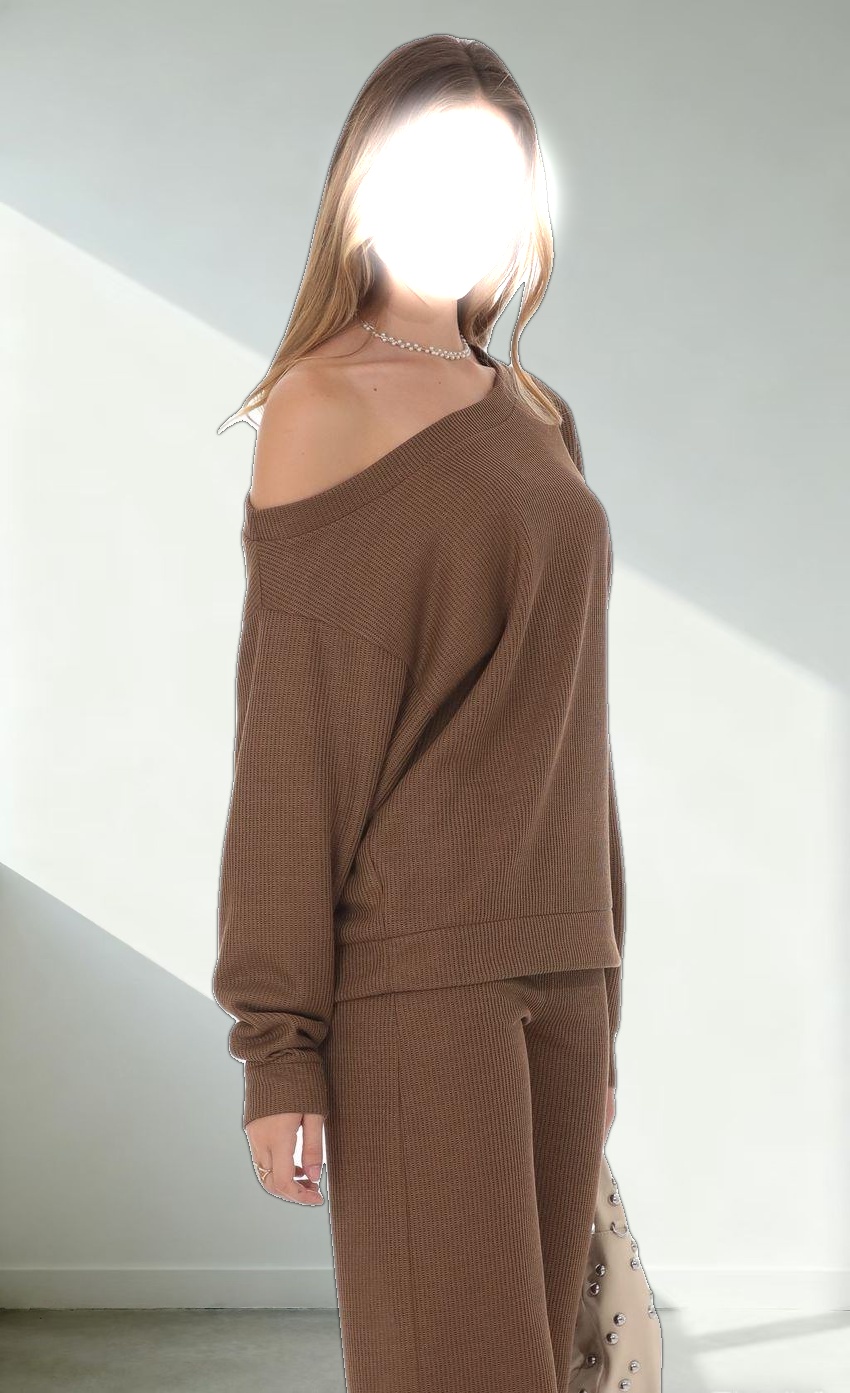 Off Shoulder Knit Oversized Jumper in Brown