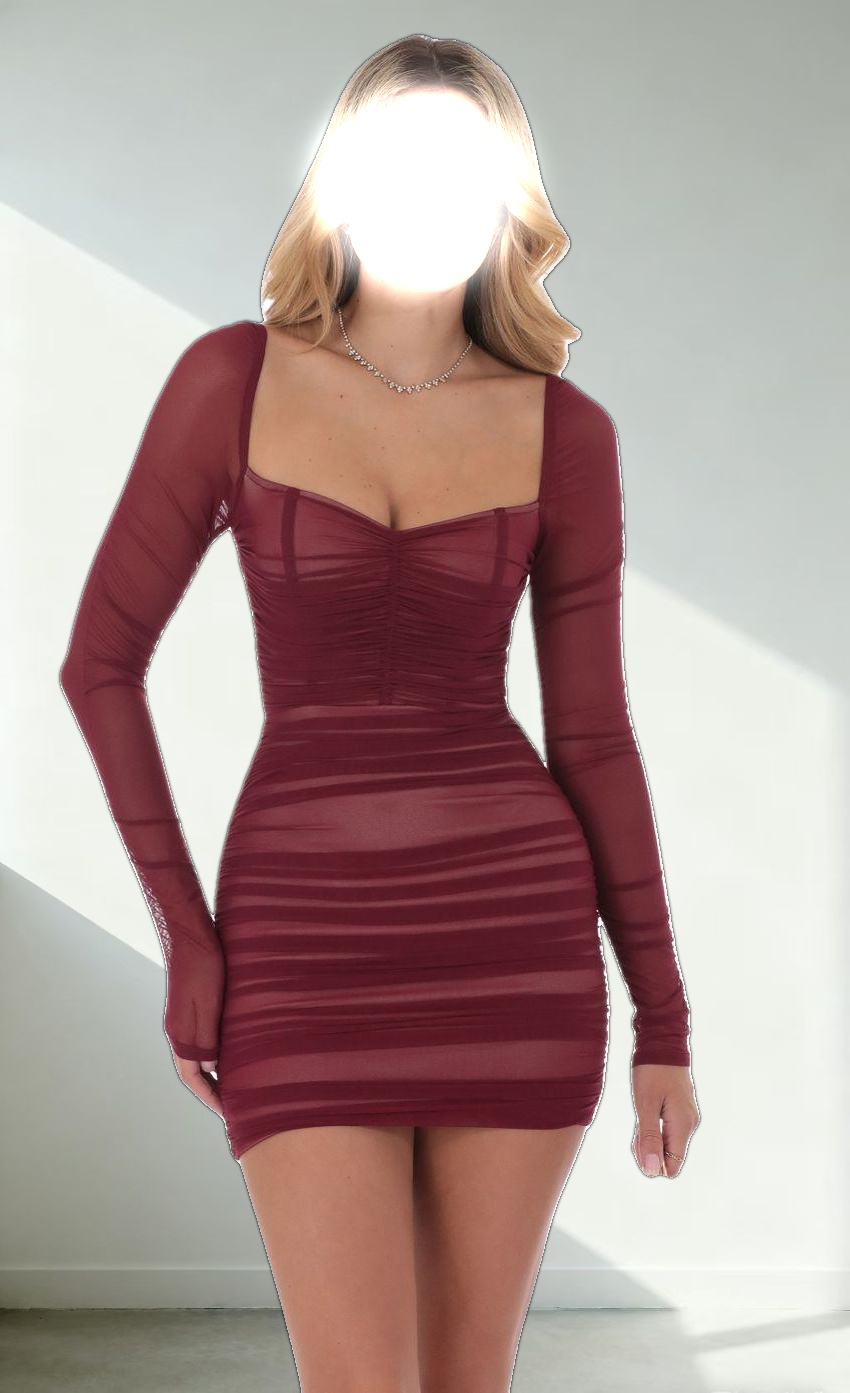 Mesh Long Sleeve Bodycon Dress in Maroon