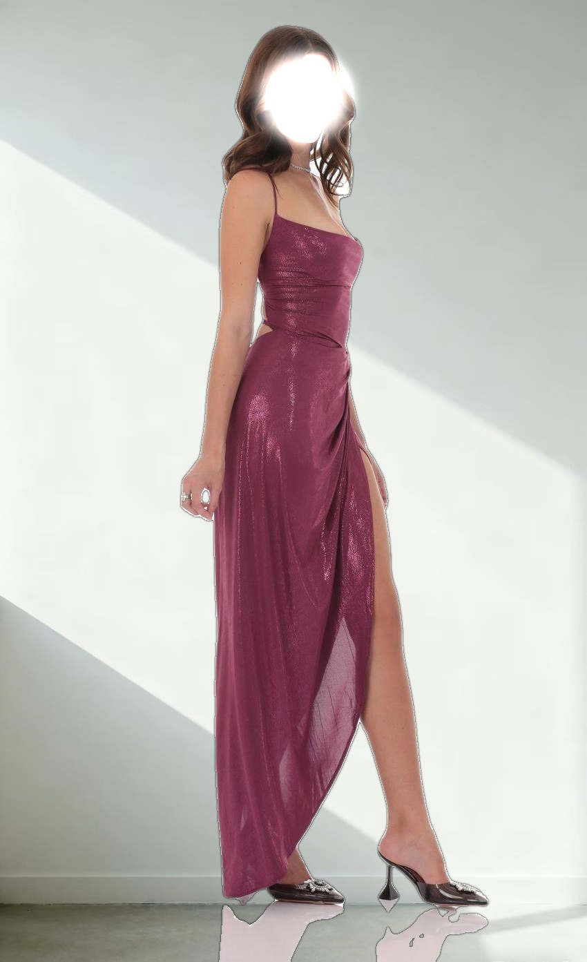 Foiled Asymmetrical Maxi Dress in Plum