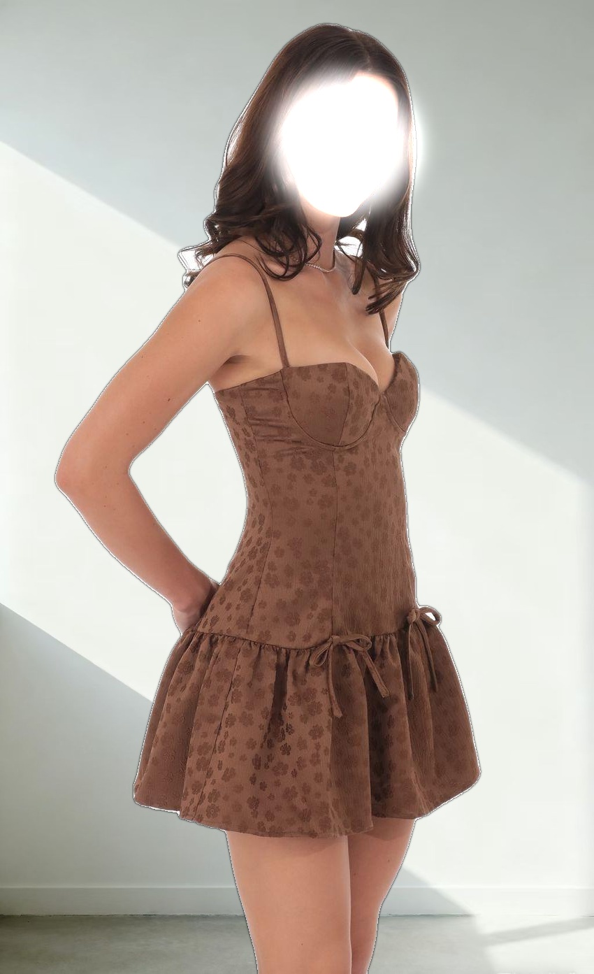 Floral Double Bow Drop Waist Dress in Brown