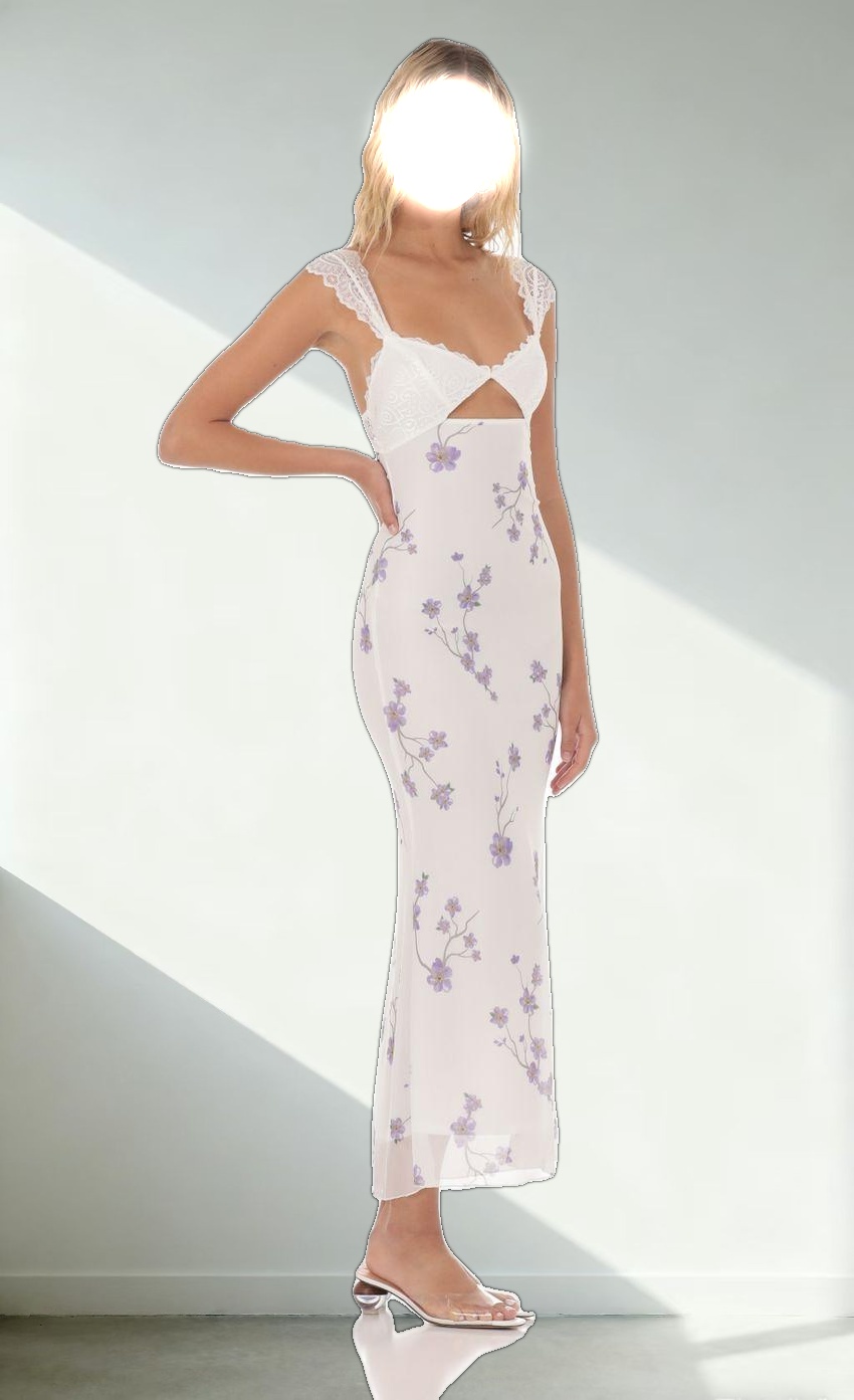 Lace Cutout Floral Maxi Dress in White