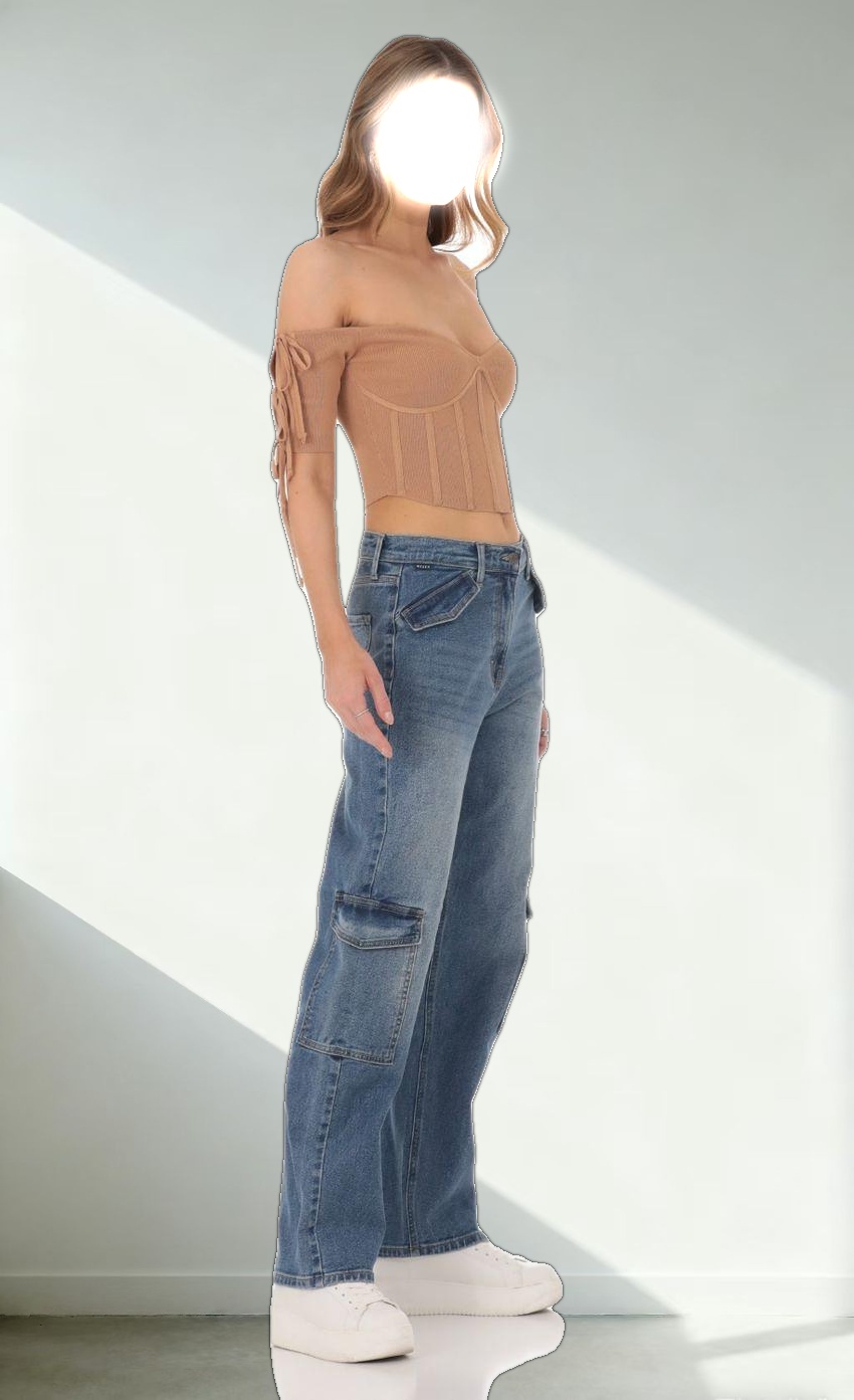 Ribbed Off Shoulder Corset Top in Brown