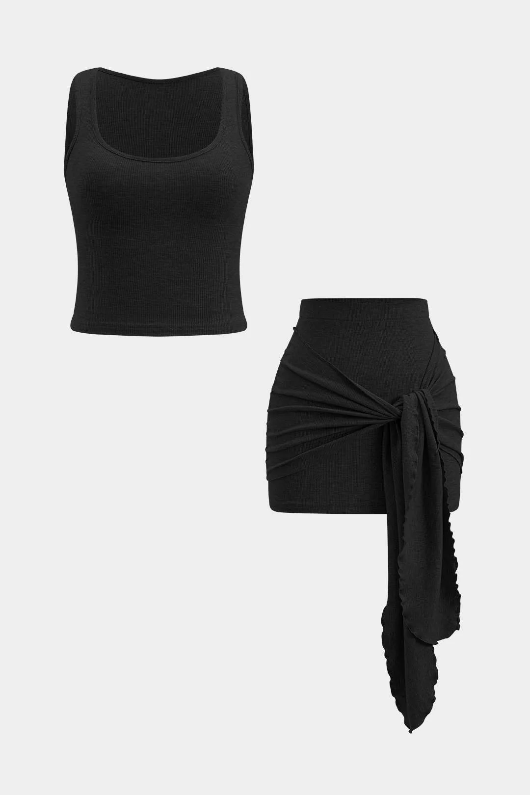 Solid Sleeveless Tank Top and Ruched Tie-Front Skirt Outfit Set