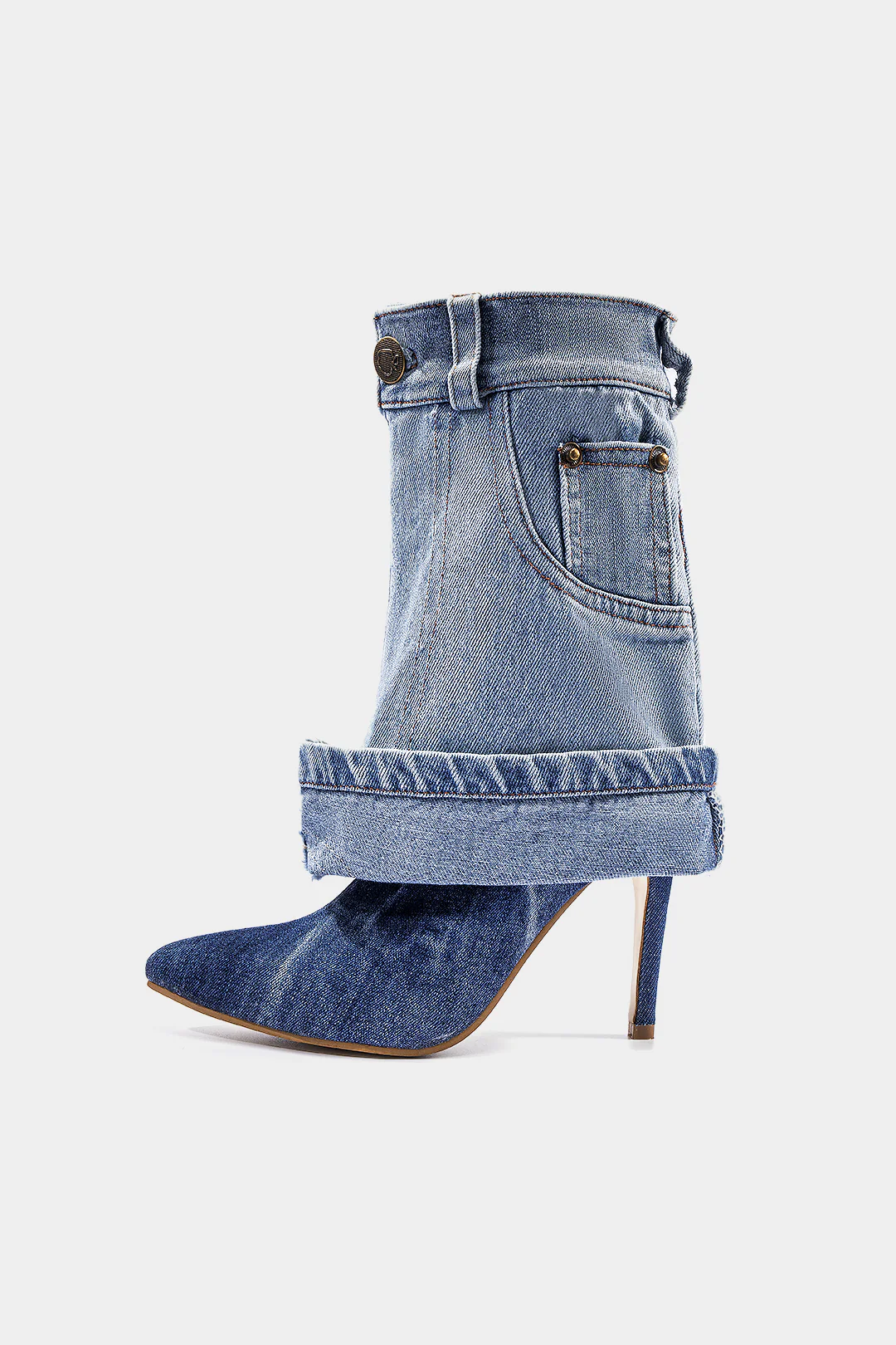 Washed Denim Wrinkled Patchwork Pointed Mid-Calf Boots