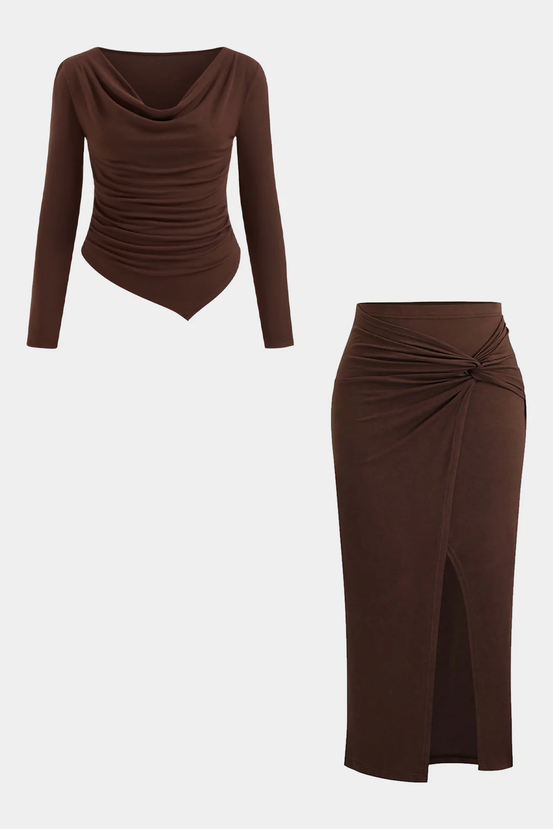 Plus Size Draped Cowl Neck Ruched Long Sleeve Top and Twist Knot Skirt Ensemble