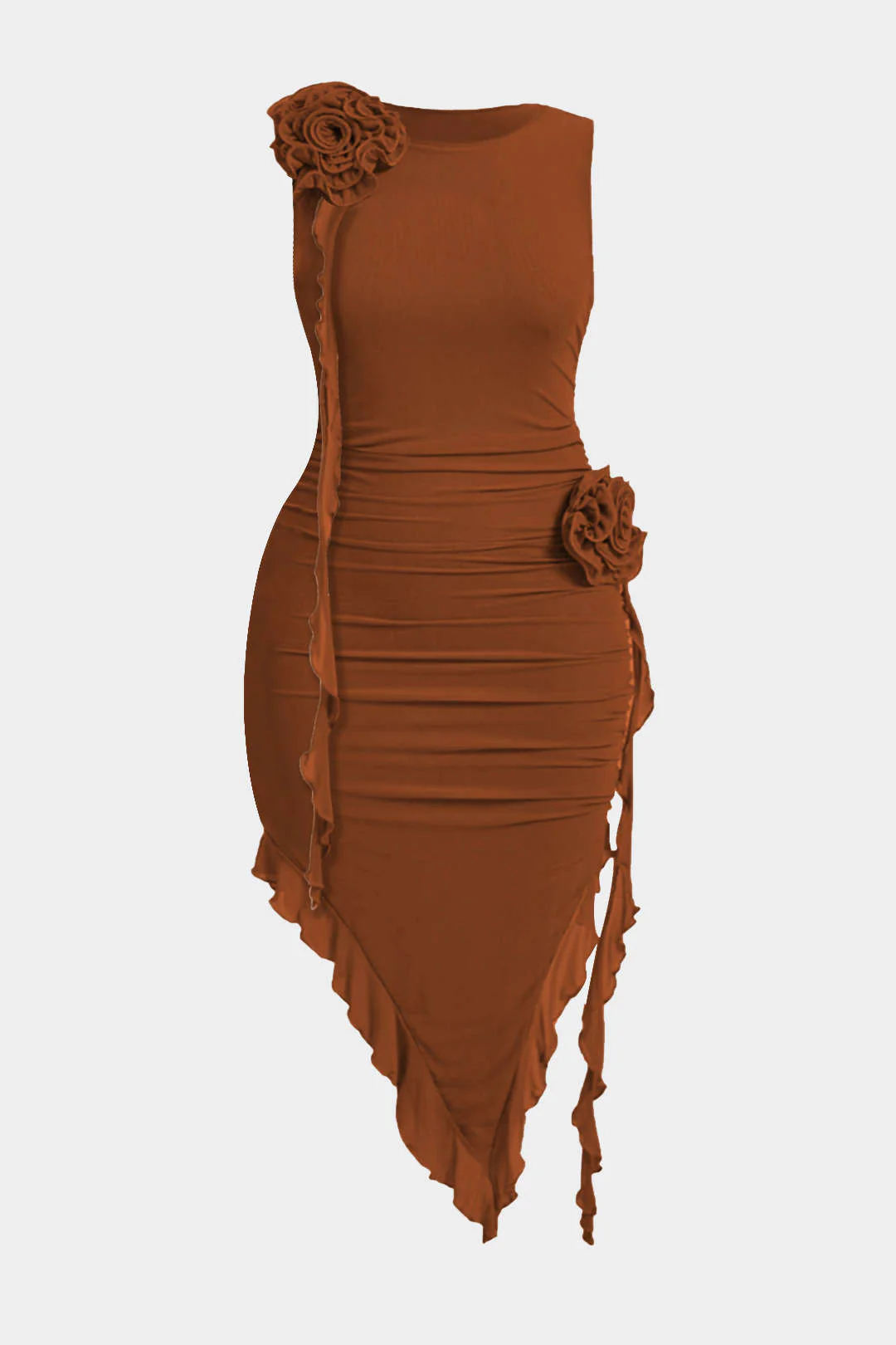 Plus Size Mesh 3D Floral Round Neck Asymmetrical Mid-length Dress