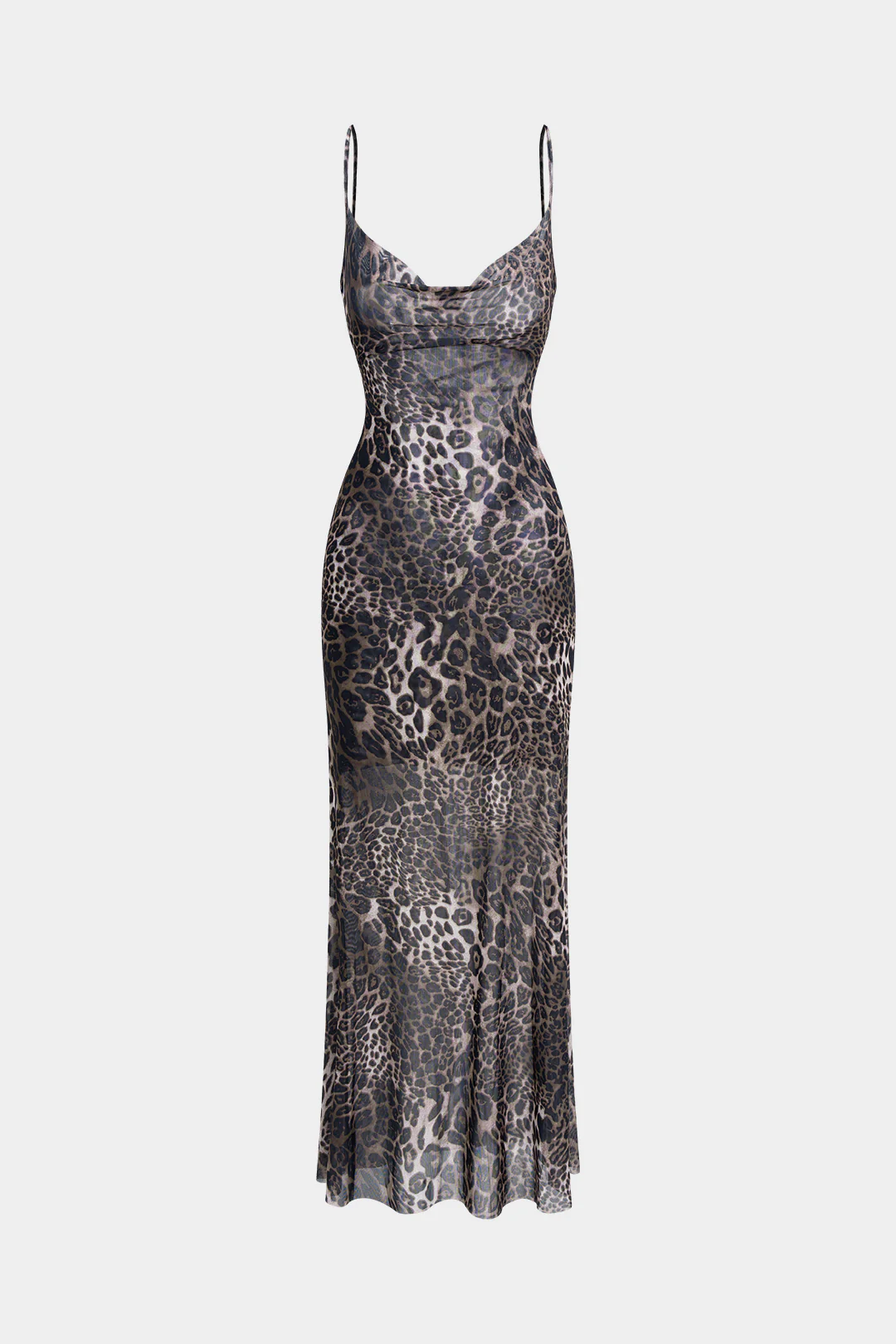 Leopard Print Mesh Backless Tie-Back Sleeveless Maxi Dress