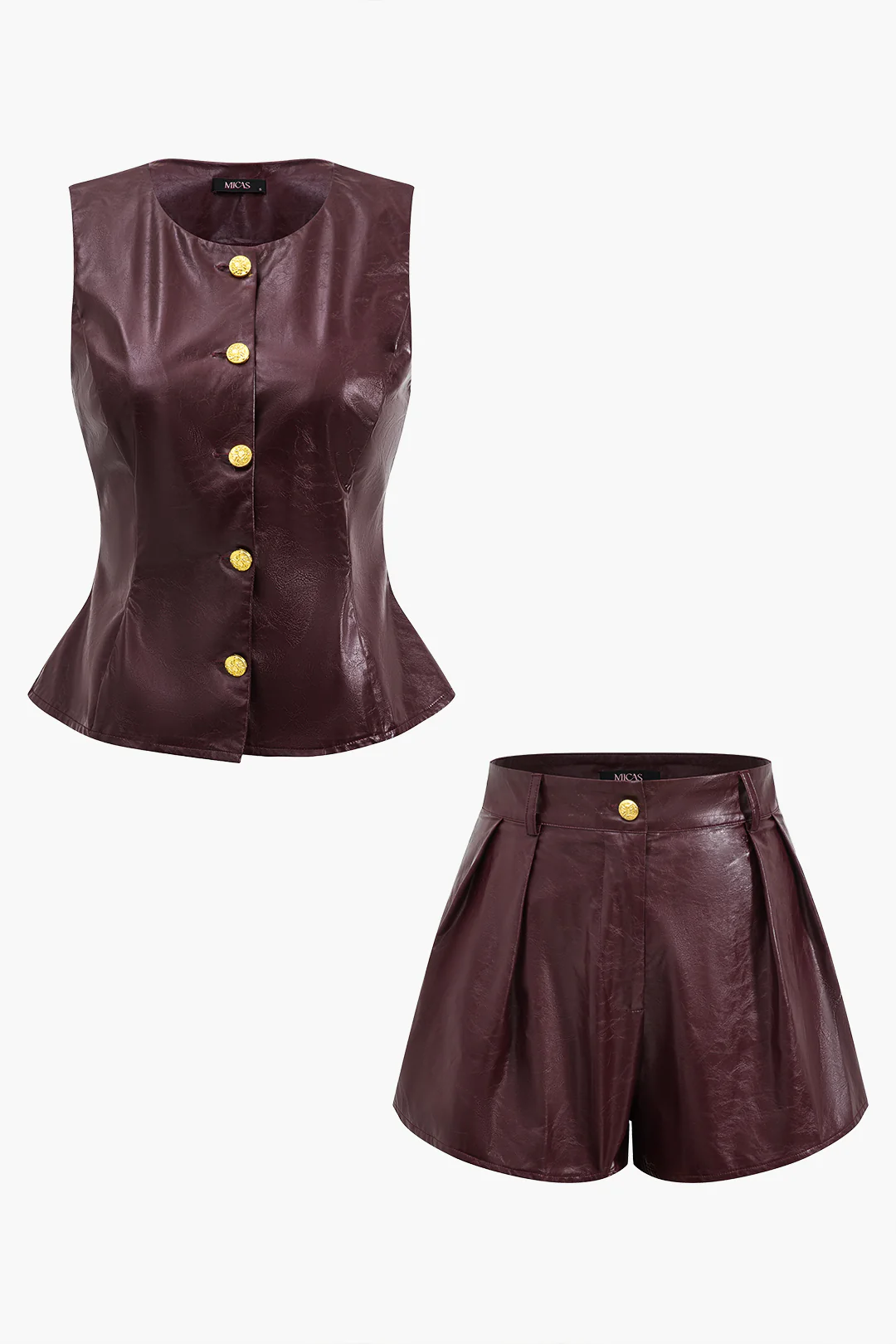 Metallic Button Faux Leather Shorts Outfit