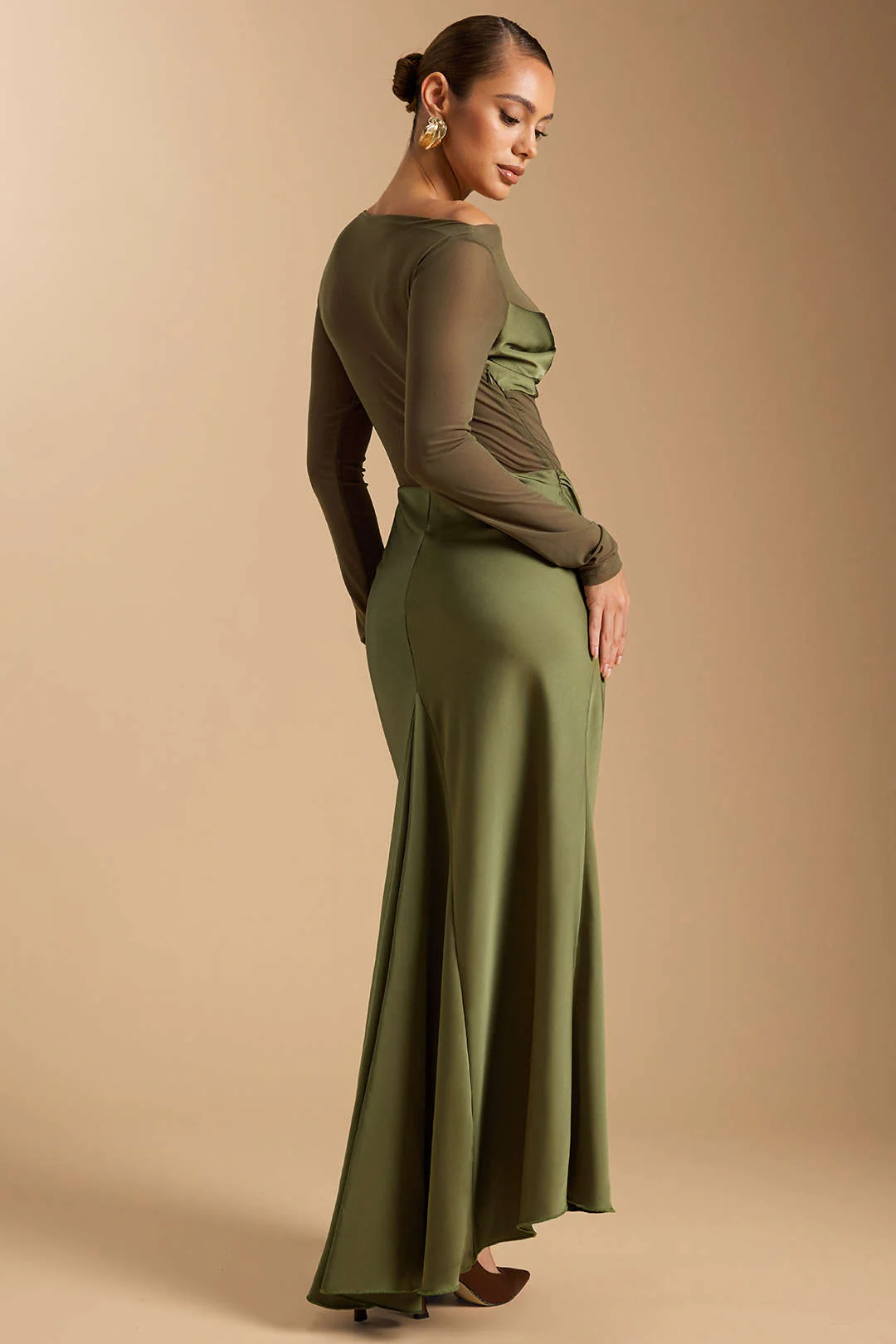 Satin Mesh Patchwork Metallic Asymmetric Ruched Long-Sleeve Midi Dress