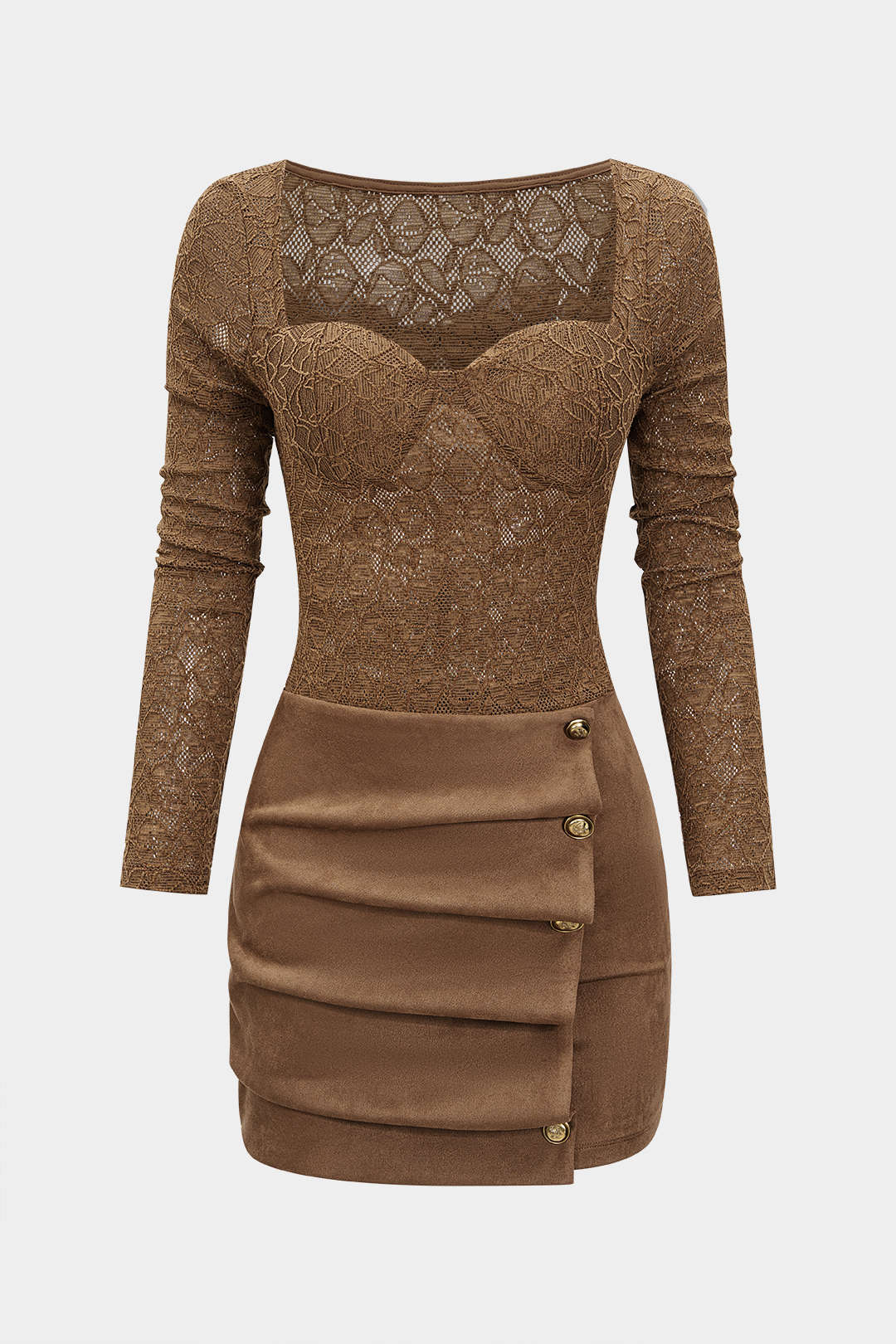 Suede Button Patchwork Ruched Long Sleeve Short Dress