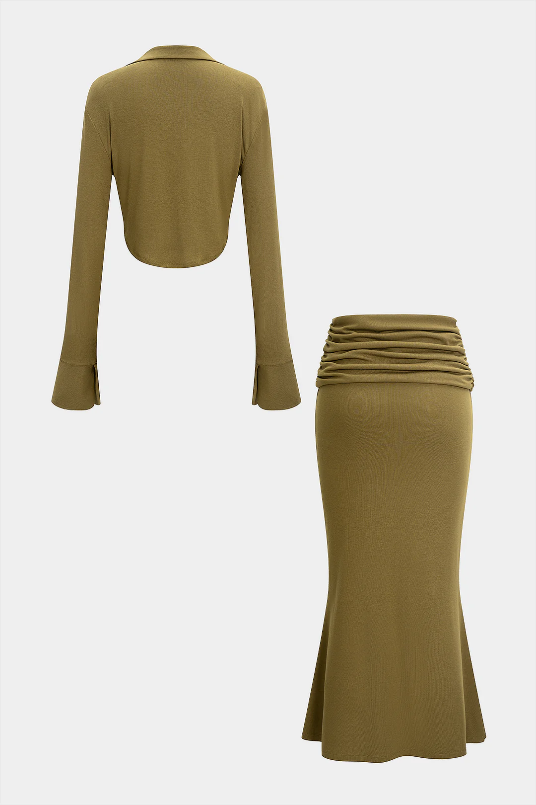 Draped Cowl Neck Long-Sleeve Top And Ruched Skirt Set