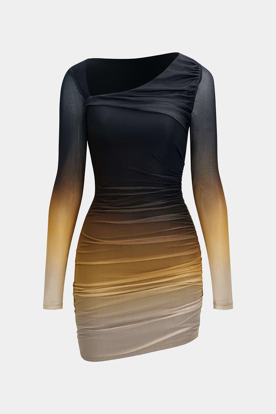Mesh Color - Block Print Asymmetric Ruched Long - Sleeve Mini Dress