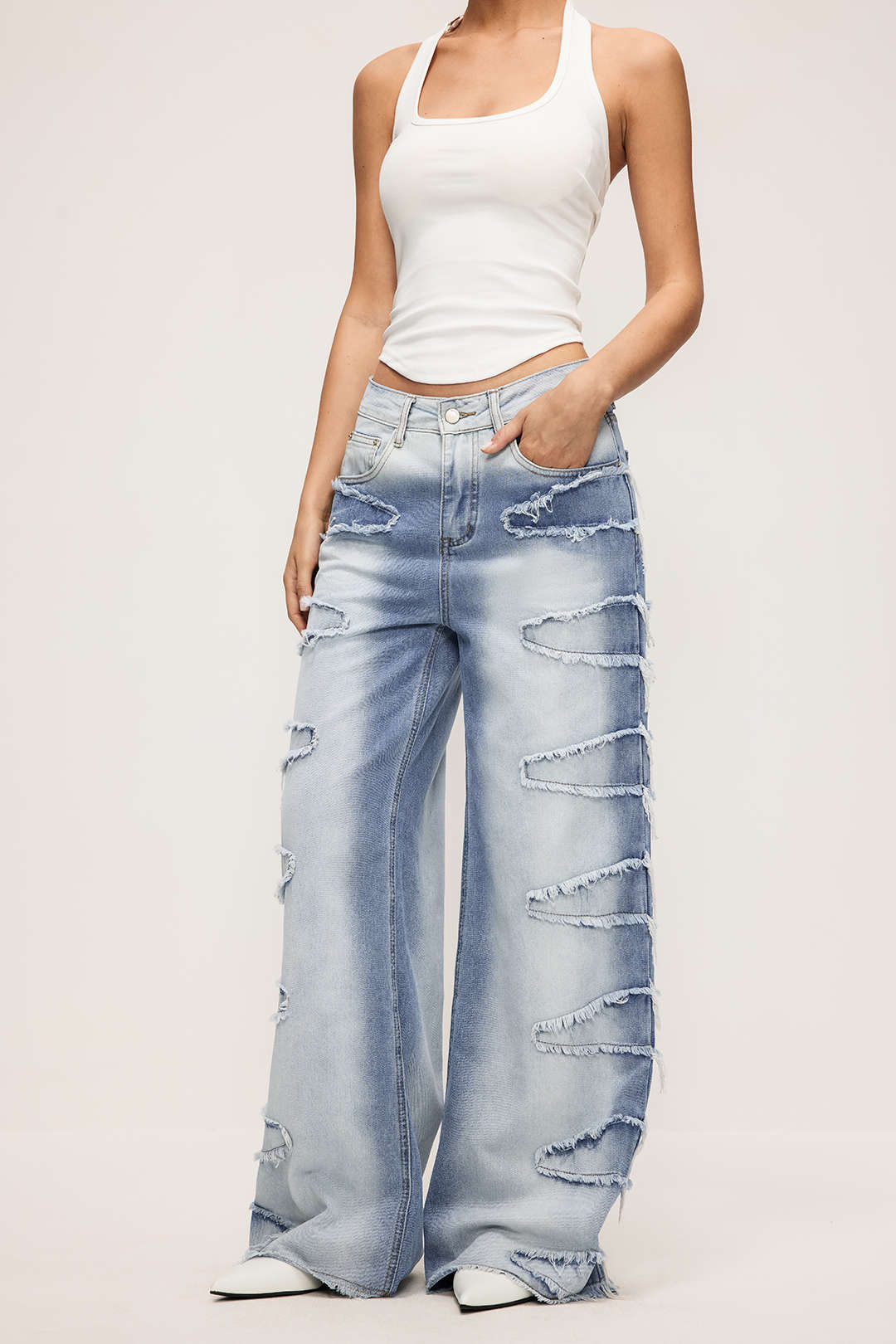 Denim Zipper Frayed Wide Leg Jeans
