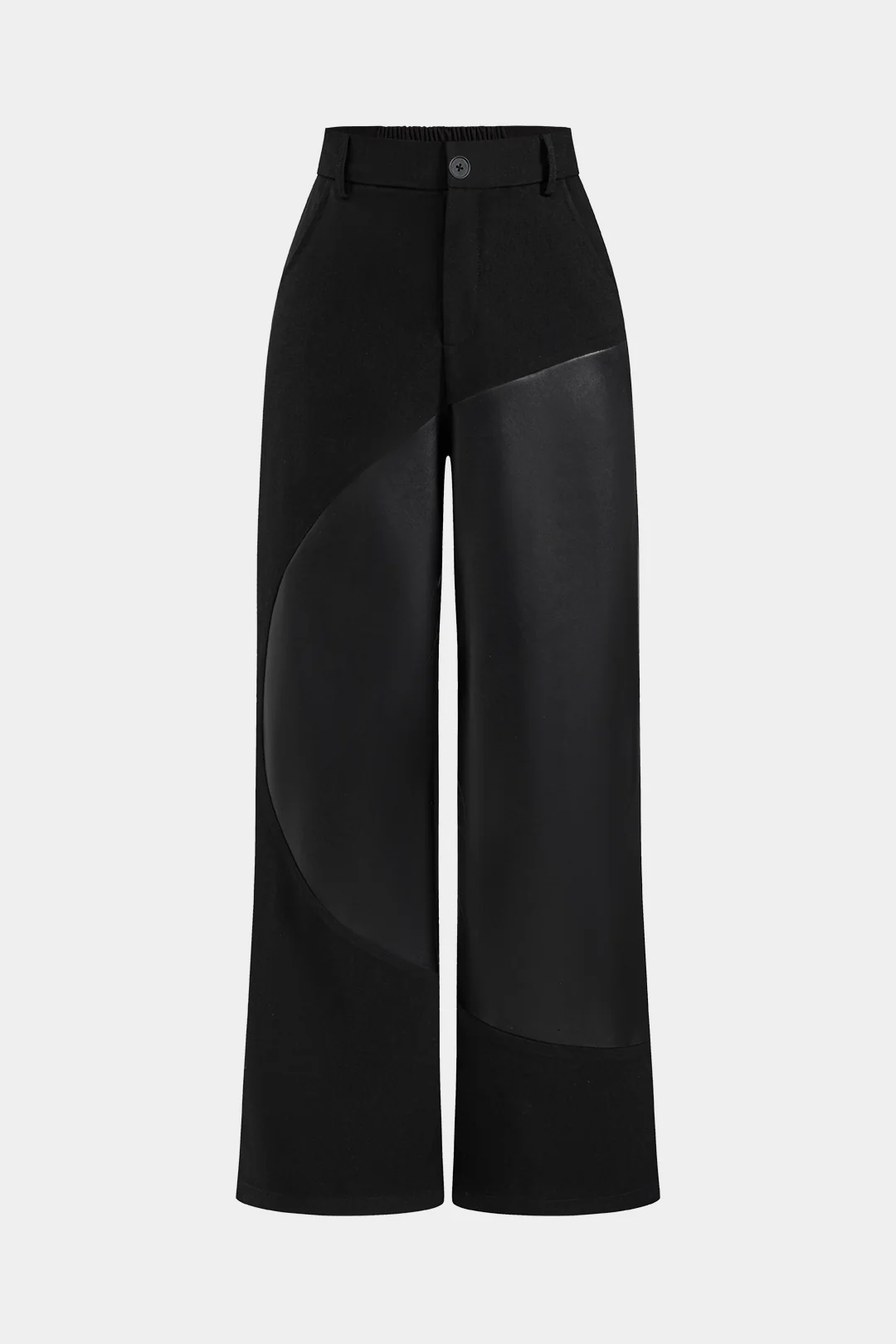 Faux Leather Patchwork Ruched Button Zipper High-Waist Trousers