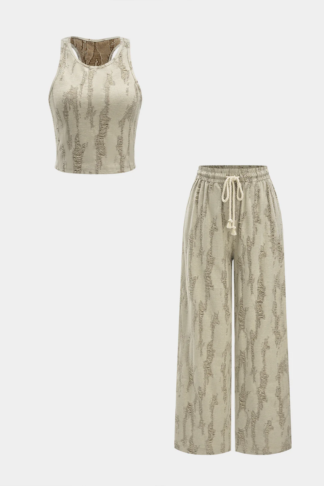 Ripped Sleeveless Tank Top And Drawstring High Waist Trousers Set