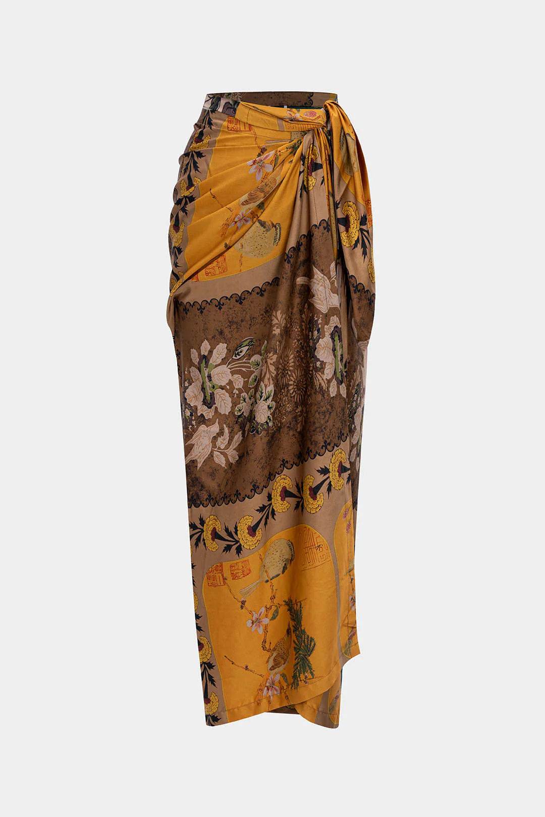 Retro Print Satin Tie Front Skirt