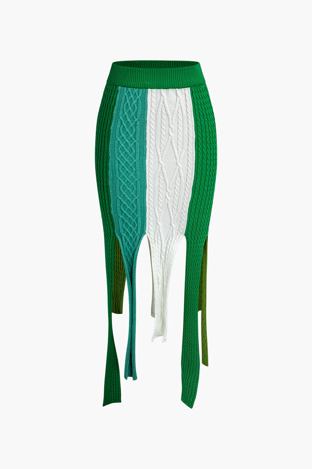 Contrasting Fringe-Trimmed Knit Mid-Length Skirt