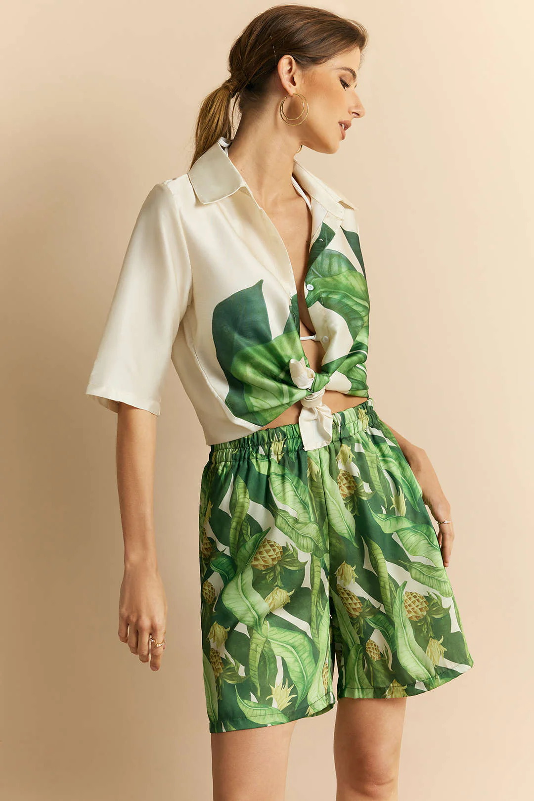 Leaves Print Satin Button Short-Sleeve Top