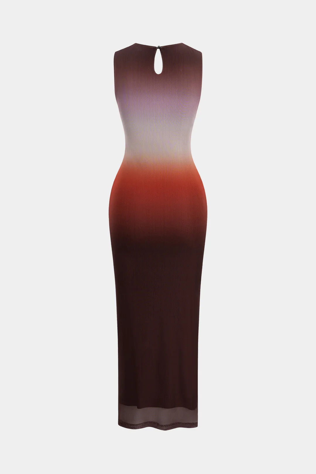 Ombre-Print Mesh Ruched Round-Neck Sleeveless Maxi Dress