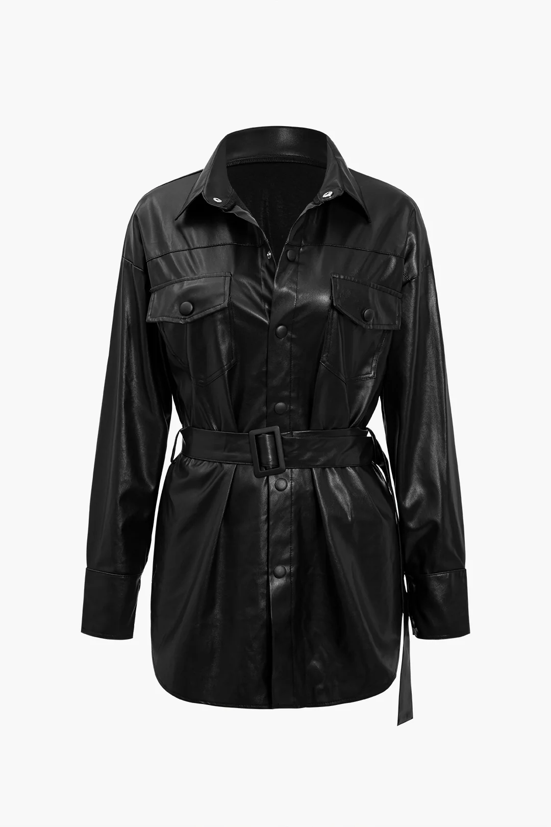 Solid Faux Leather Belted Long-Sleeved Shirt
