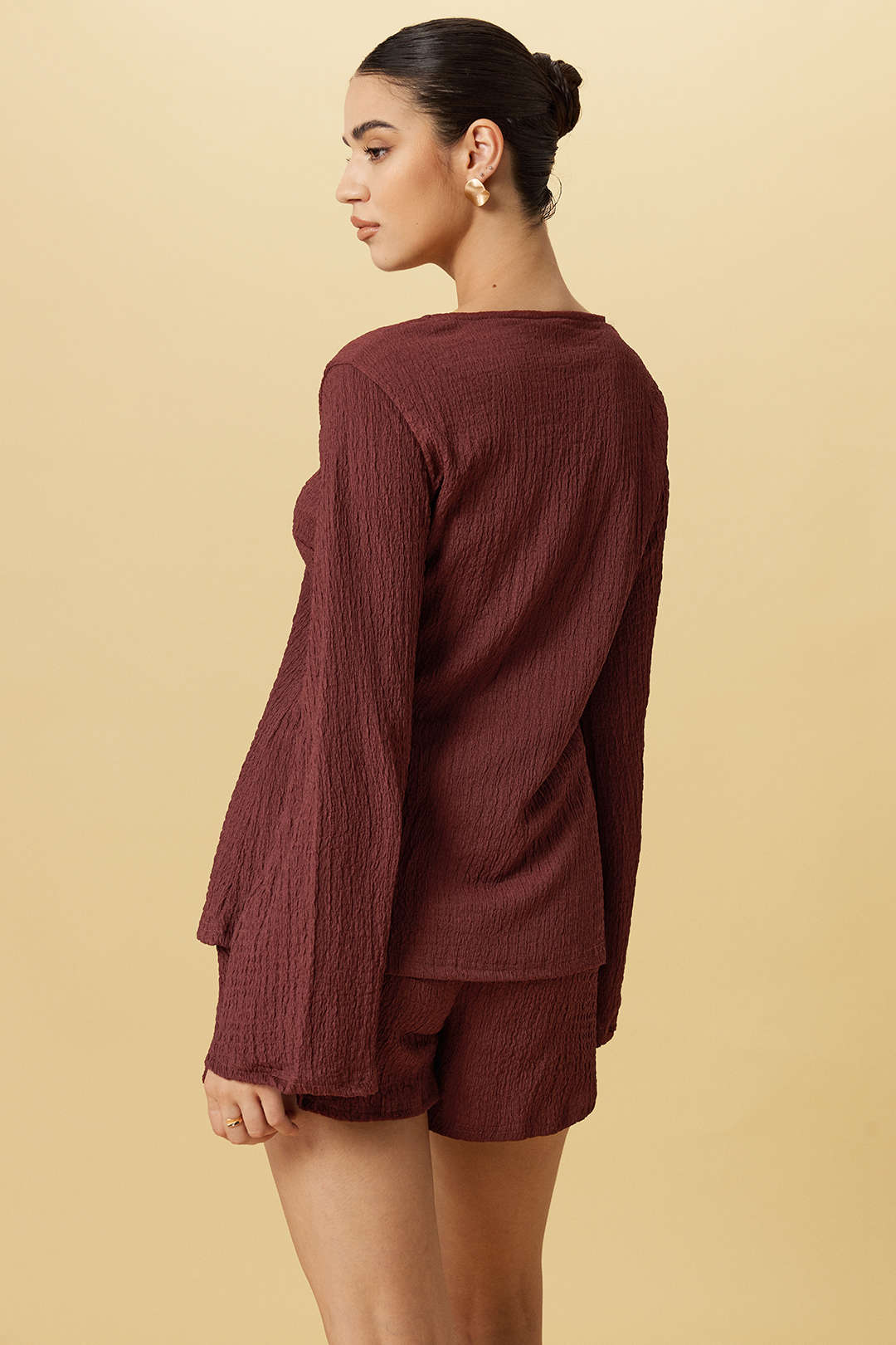 Tie-Up Ribbed Long-Sleeve Top And Shorts Set