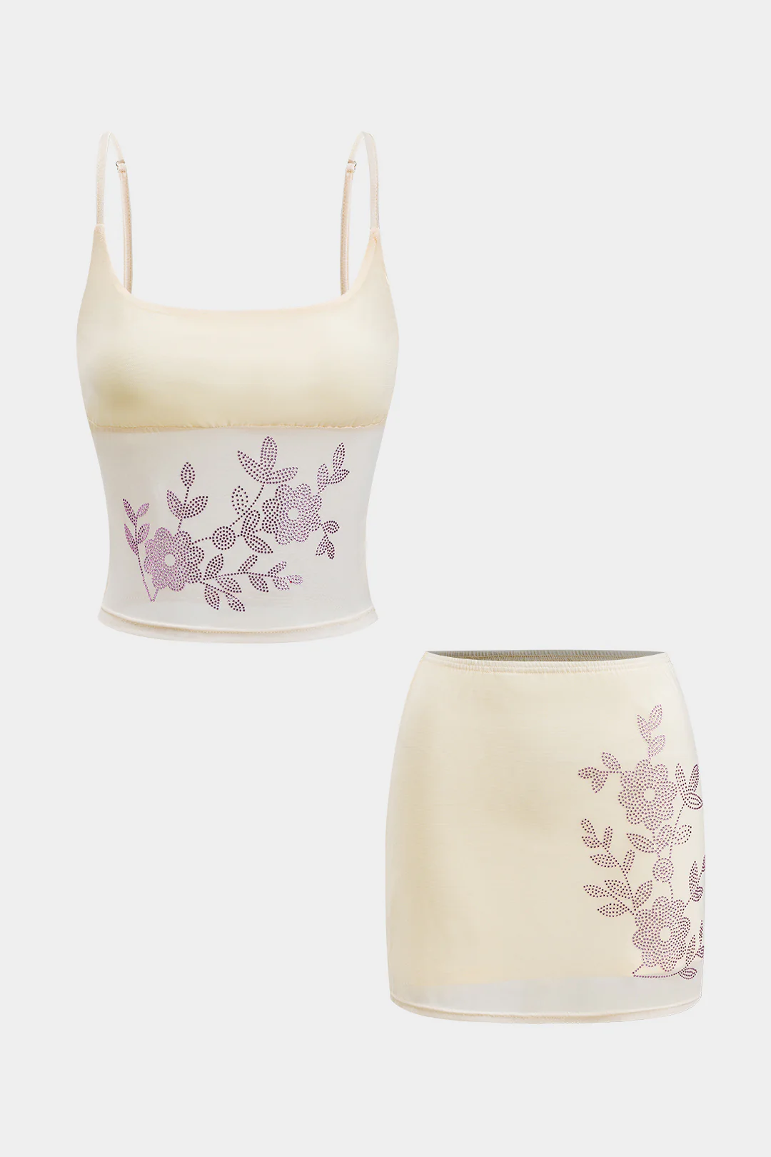 Flower Pattern Mesh Rhinestone Camisole Top and Skirt Set