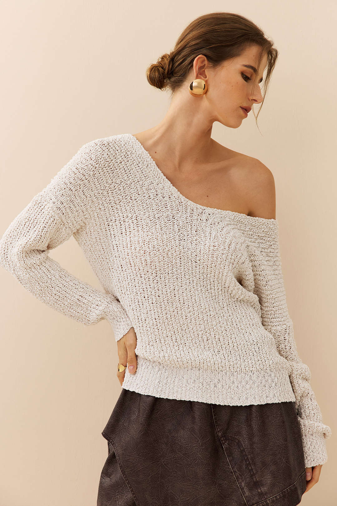 Knit Asymmetric Neck Cut-Out Long-Sleeve Top