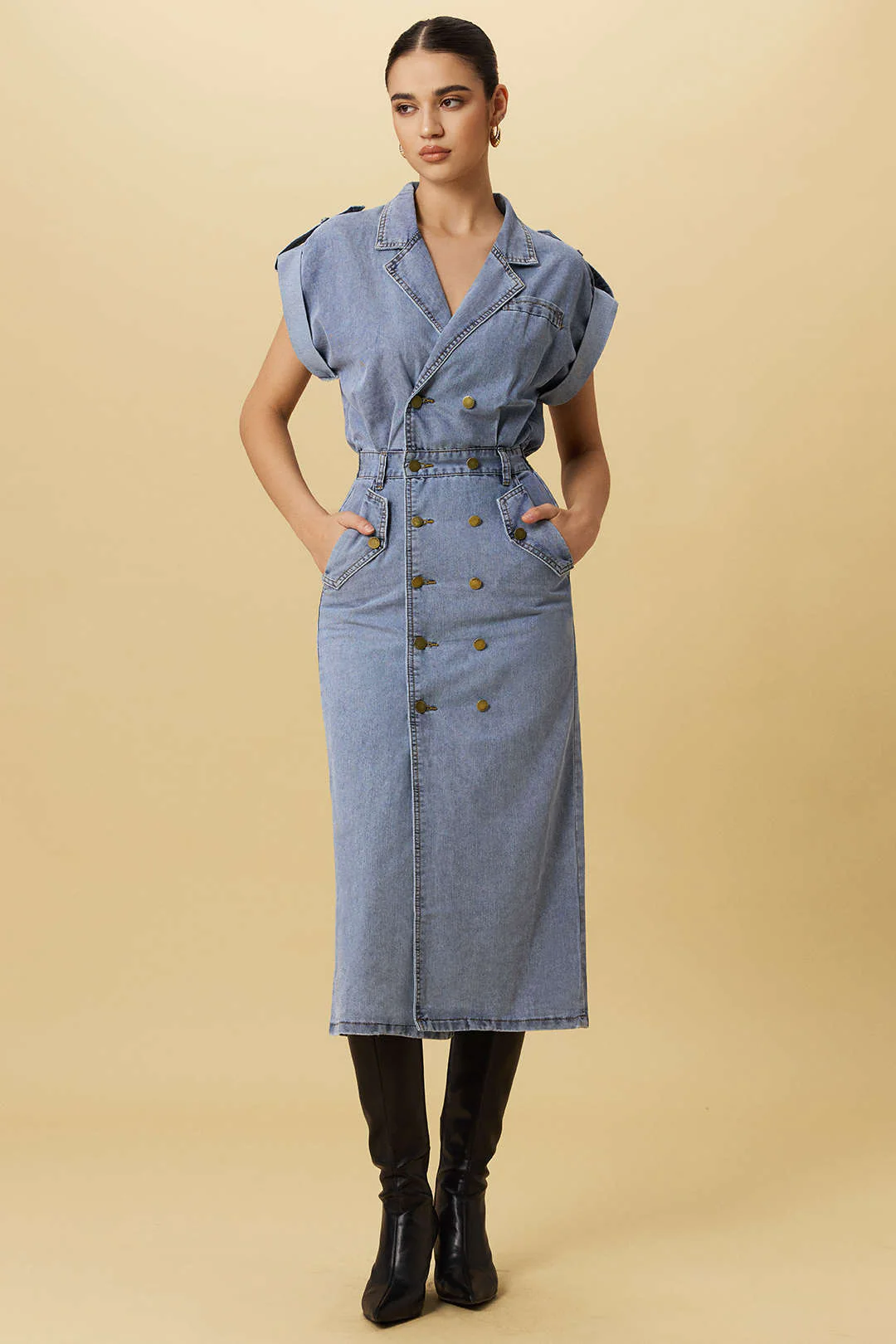 Denim Buttoned Shirred Short-Sleeve Dress